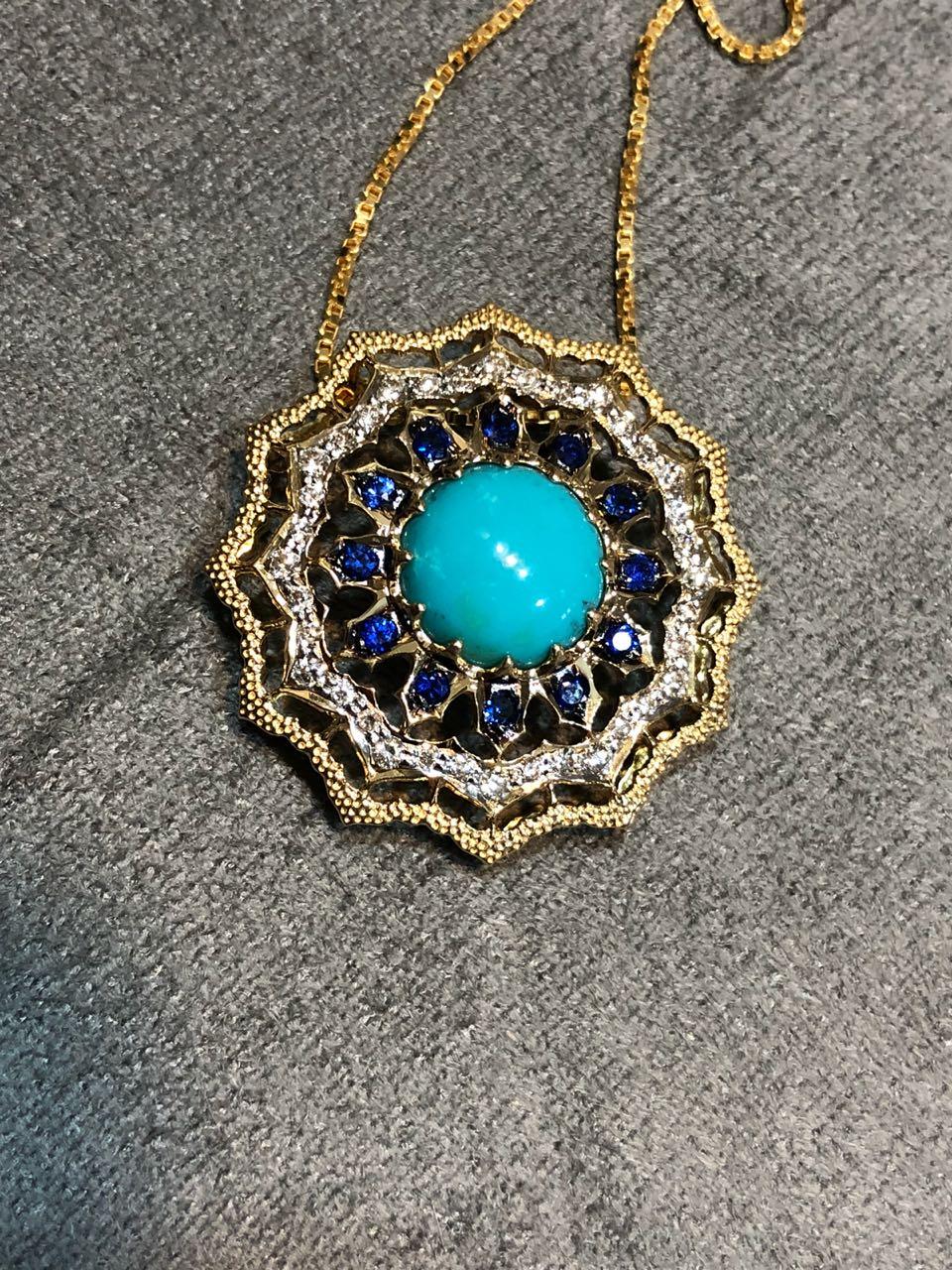 Modern 2.61 Carat Turquoise Blue Sapphire and Diamond 18 Karat Yellow Gold Pendant For Sale