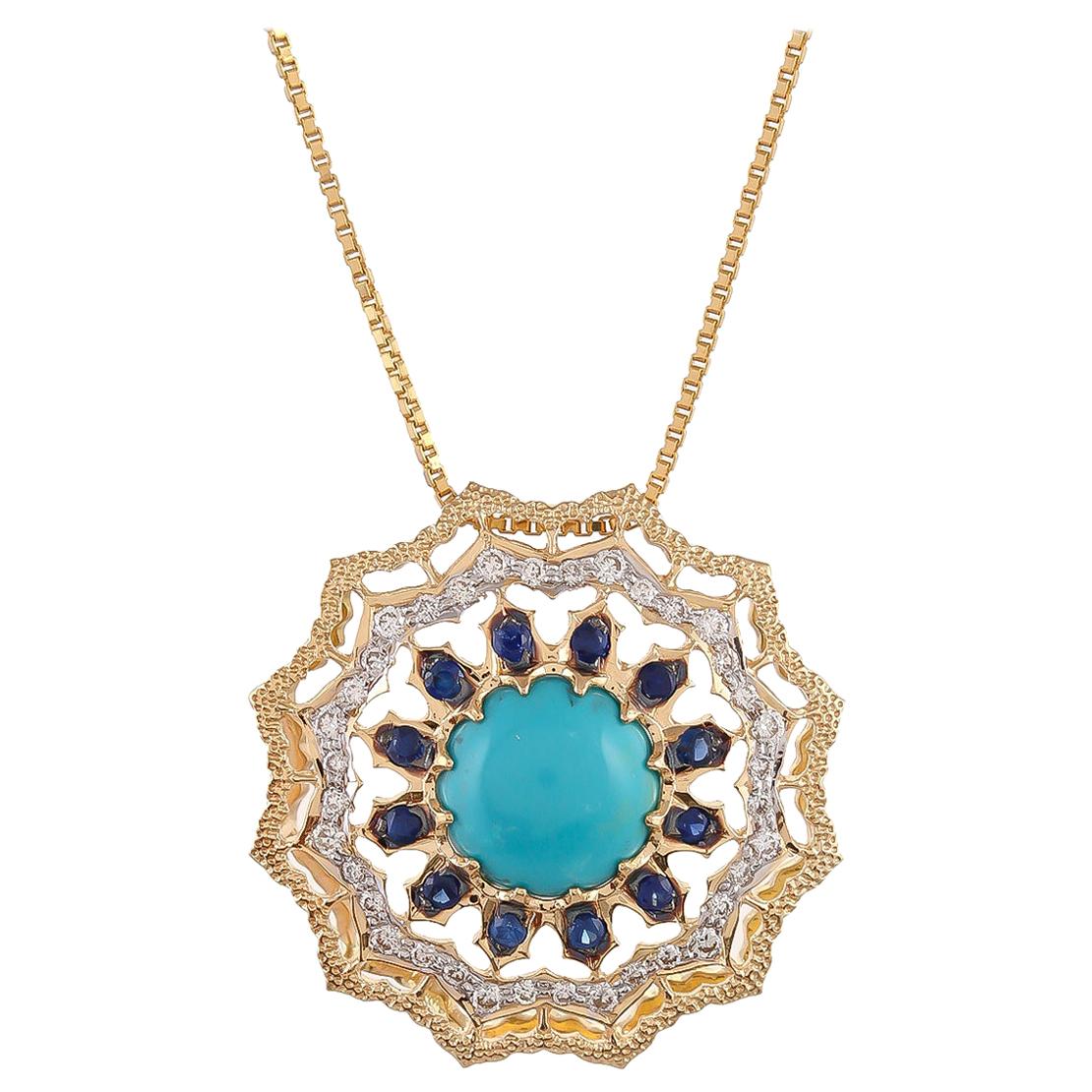 2.61 Carat Turquoise Blue Sapphire and Diamond 18 Karat Yellow Gold Pendant For Sale