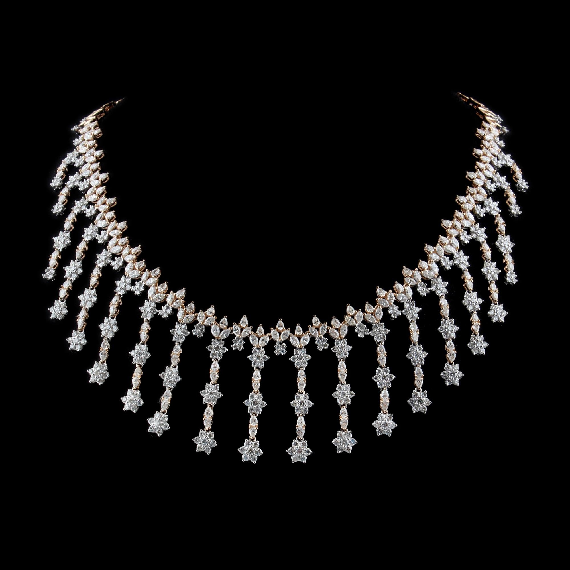 Modern 26.10 Carat Diamond Flower Charm Necklace 14 Karat White Yellow Gold Jewelry For Sale