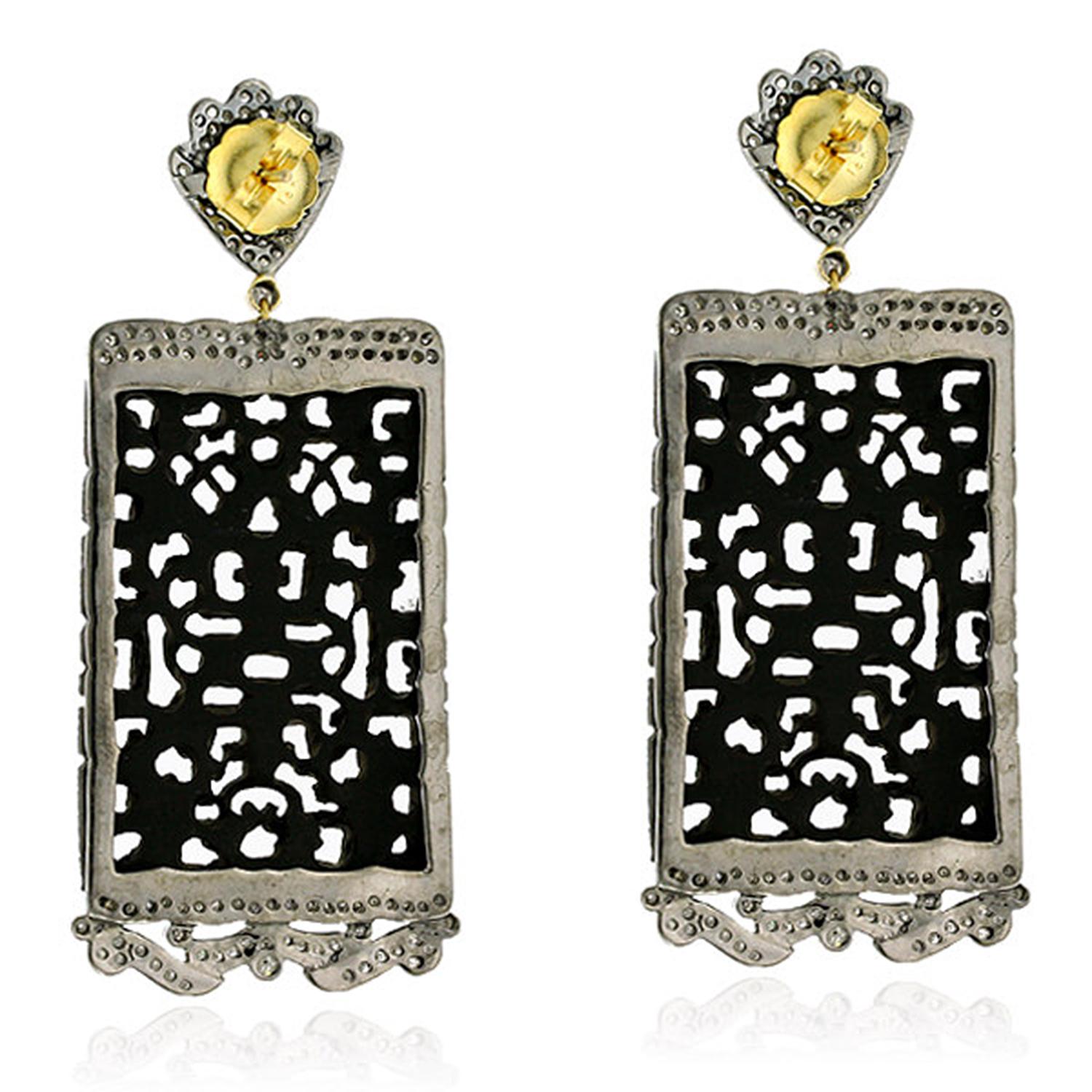 Artisan 26.12 Carat Carved Black Jade Diamond Emerald Earrings For Sale