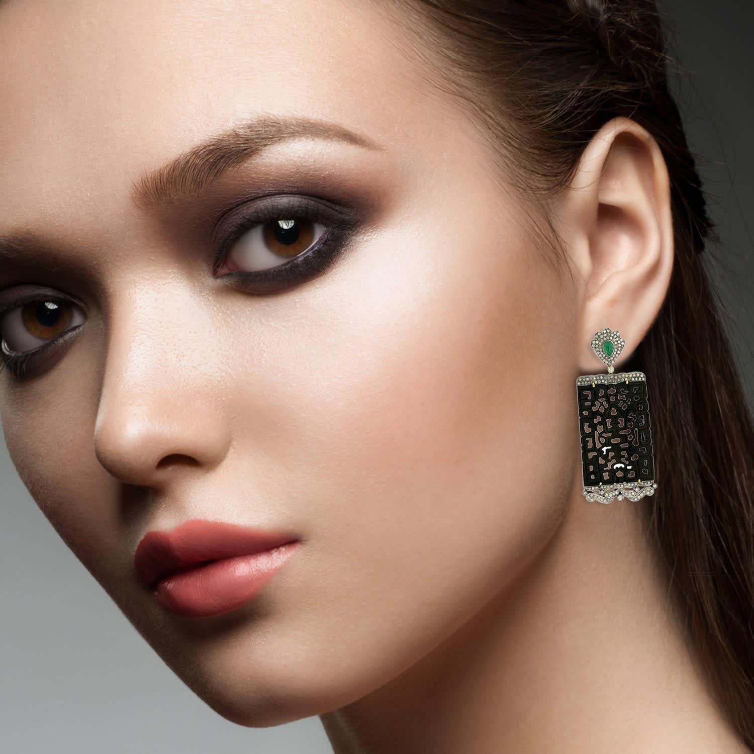 Mixed Cut 26.12 Carat Carved Black Jade Diamond Emerald Earrings For Sale