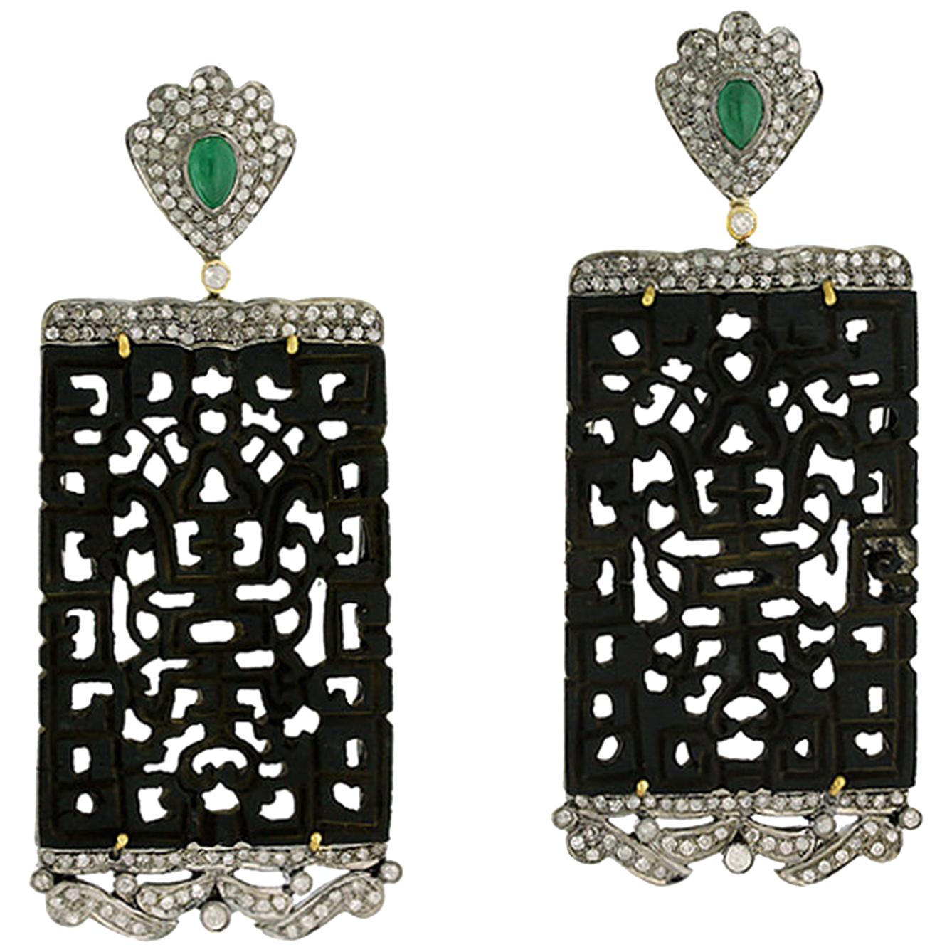 26.12 Carat Carved Black Jade Diamond Emerald Earrings For Sale