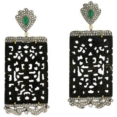 26.12 Carat Carved Black Jade Diamond Emerald Earrings