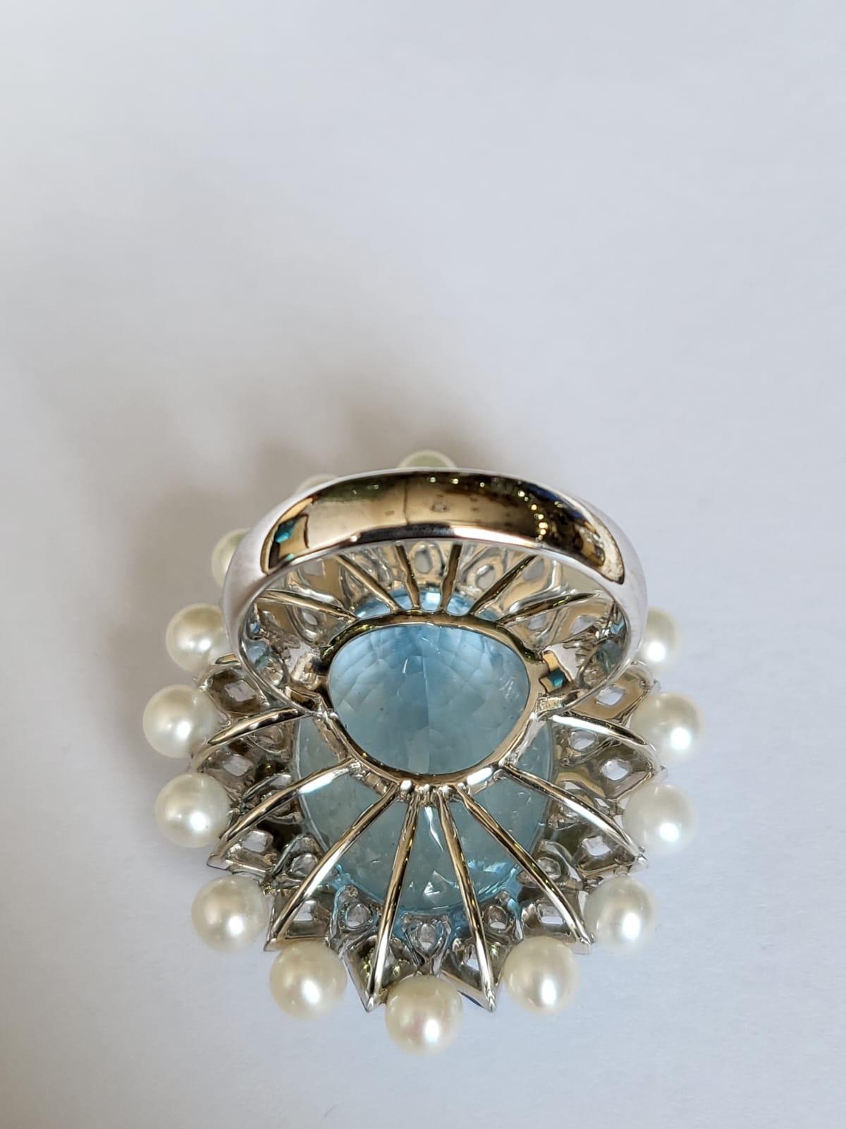 Art Deco 26.13 carats Aquamarine, Blue Enamel, Pearls & Diamonds Cocktail Ring  For Sale