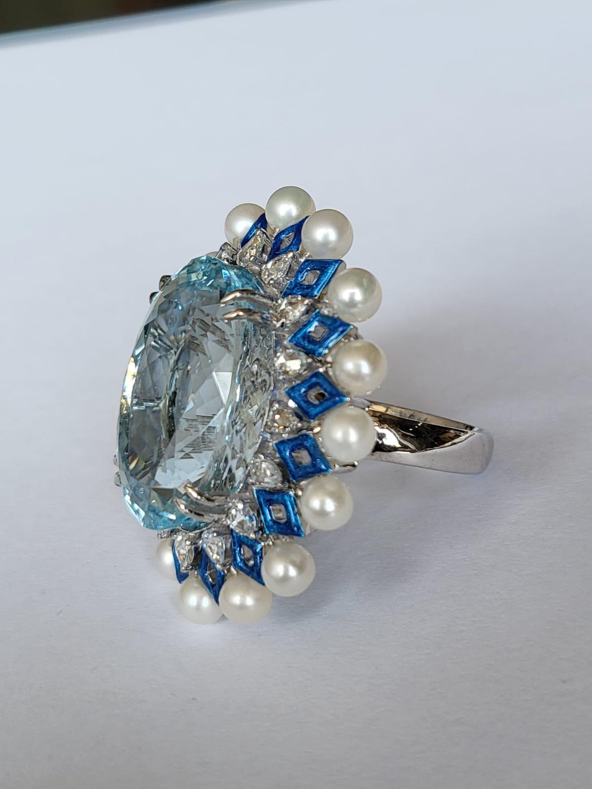 Oval Cut 26.13 carats Aquamarine, Blue Enamel, Pearls & Diamonds Cocktail Ring  For Sale