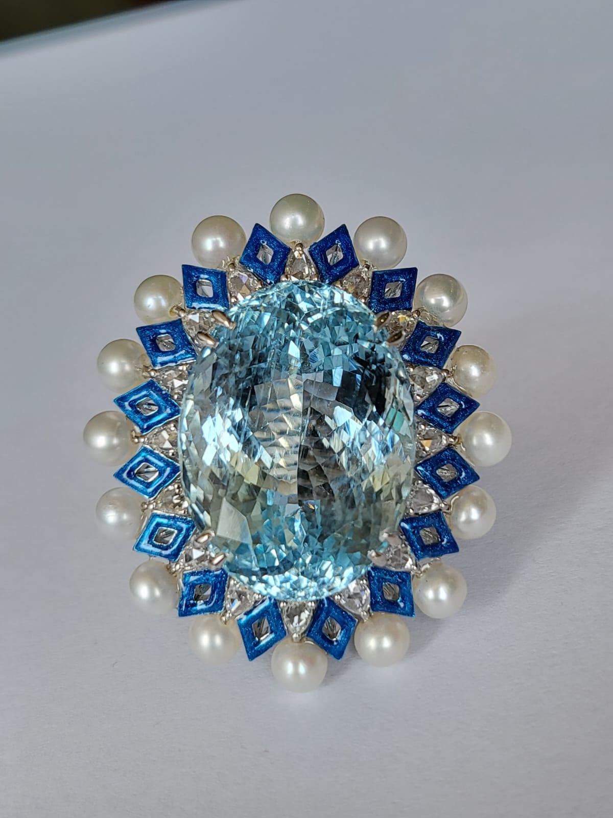 26.13 carats Aquamarine, Blue Enamel, Pearls & Diamonds Cocktail Ring  In New Condition For Sale In Hong Kong, HK