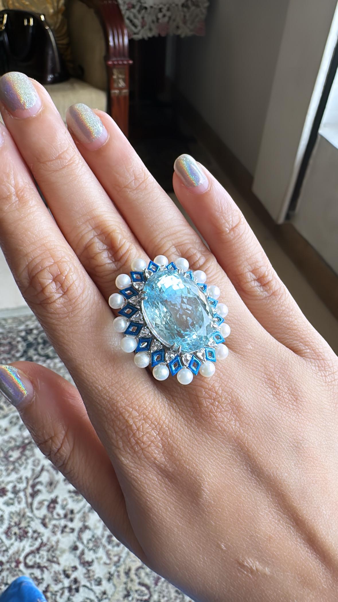 26.13 carats Aquamarine, Blue Enamel, Pearls & Diamonds Cocktail Ring  For Sale 1
