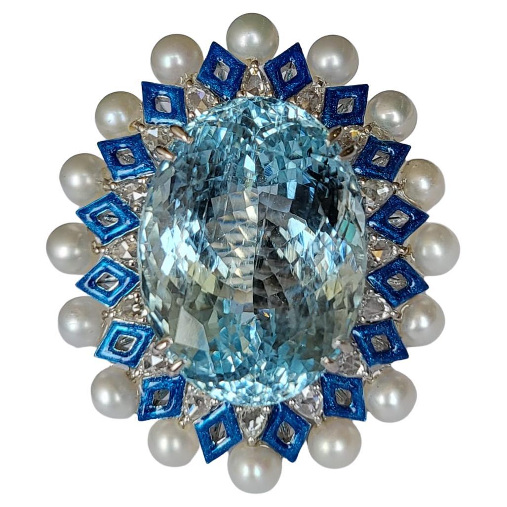 Anillo de Cóctel de Aguamarina, Esmalte Azul, Perlas y Diamantes de 26,13 quilates en venta