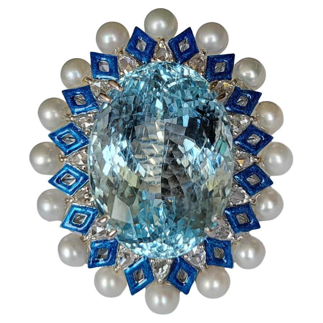 26.13 carats Aquamarine, Blue Enamel, Pearls & Diamonds Cocktail Ring  For Sale