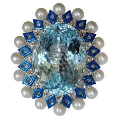 26.13 Karat Aquamarin, blaue Emaille, Perlen und Diamanten Cocktail-Ring 