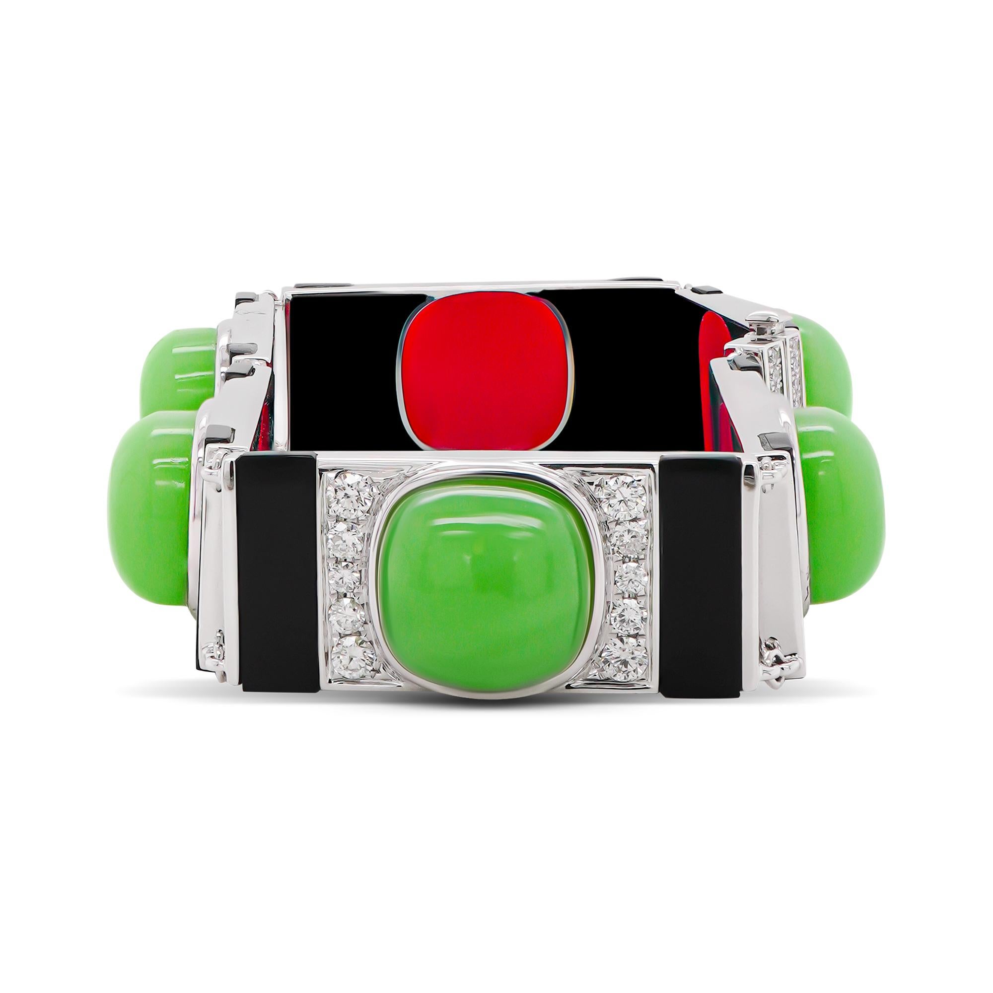 26.14 Carat Chrysoprase (Jade Look Alike) & Onyx Art Deco 18K Bracelet Diamonds (Art nouveau) im Angebot