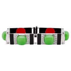 26.14 Carat Chrysoprase (Jade Look Alike) & Onyx Art Deco 18K Bracelet Diamonds