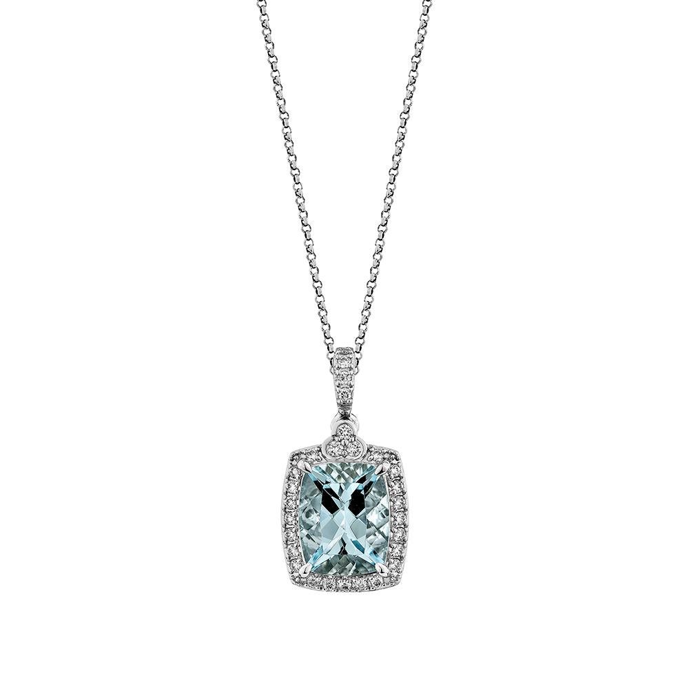 This collection features an array of Aquamarines with an icy blue hue that is as cool as it gets! Accented with Diamonds this pendant is made in white gold and present a classic yet elegant look.

Aquamarine Pendant in 18Karat White Gold with White