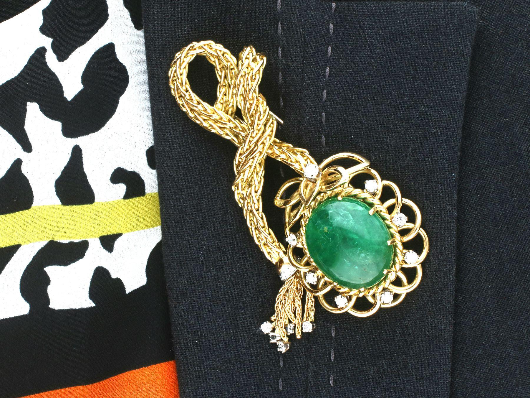 26.16 Carat Emerald and Diamond Yellow Gold Brooch Pendant For Sale 3