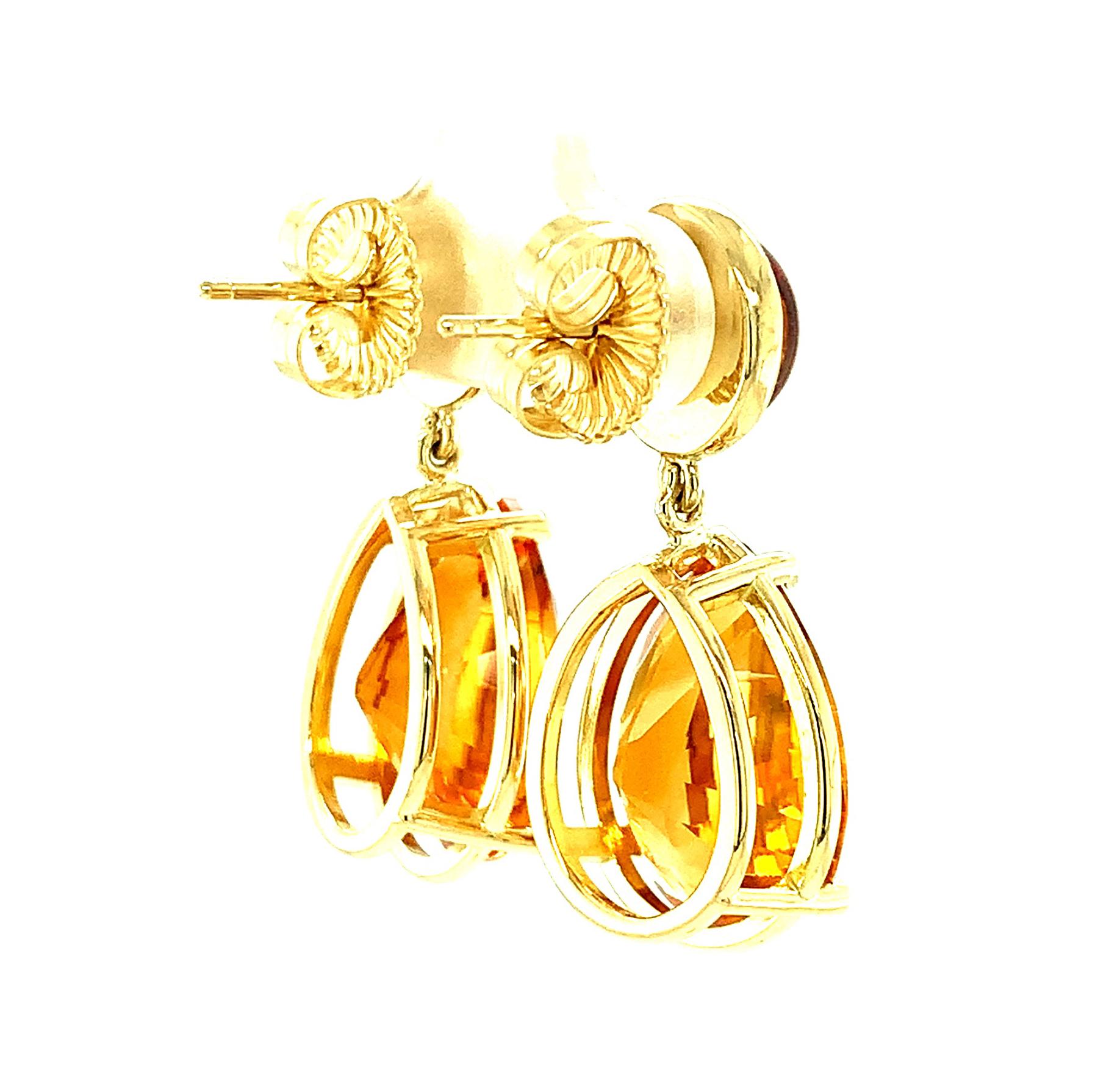Artisan  Citrine Drop Earrings, Cabochons and Faceted Pears in Yellow Gold, 26.18 Carats For Sale