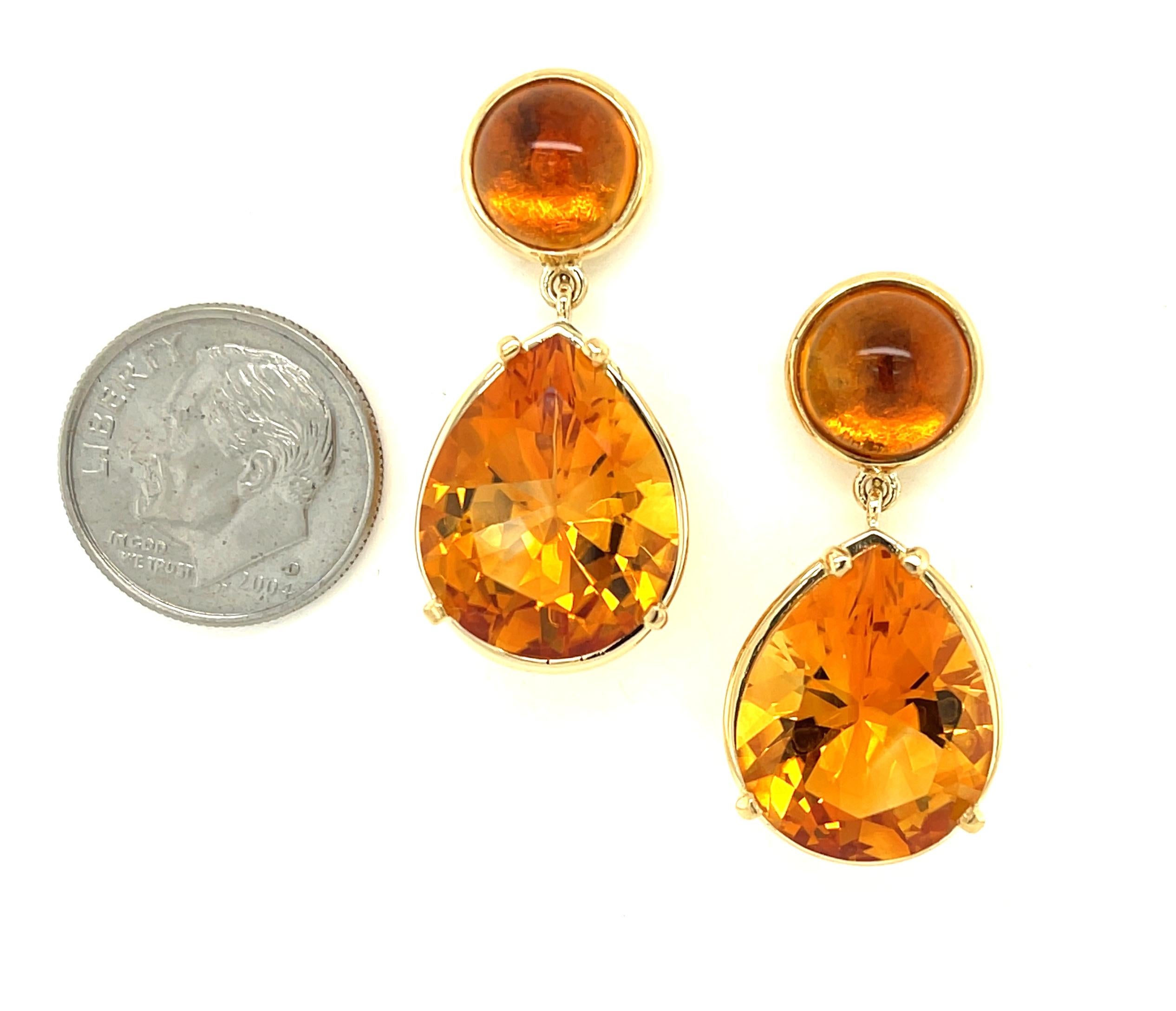  Citrine Drop Earrings, Cabochons and Faceted Pears in Yellow Gold, 26.18 Carats In New Condition For Sale In Los Angeles, CA