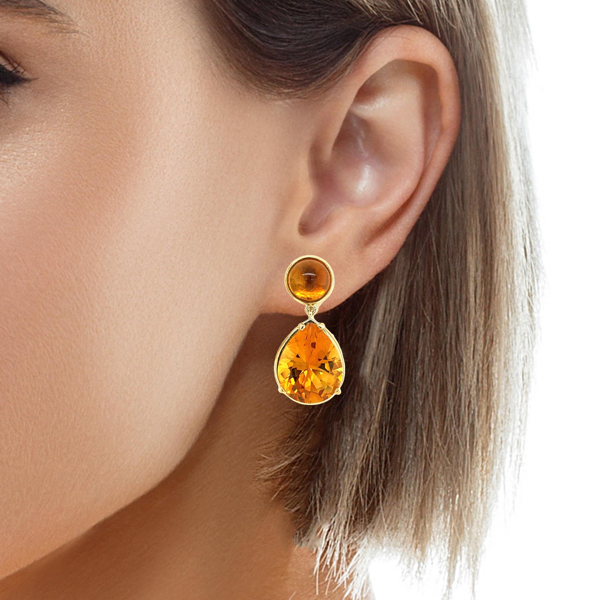 Women's  Citrine Drop Earrings, Cabochons and Faceted Pears in Yellow Gold, 26.18 Carats For Sale