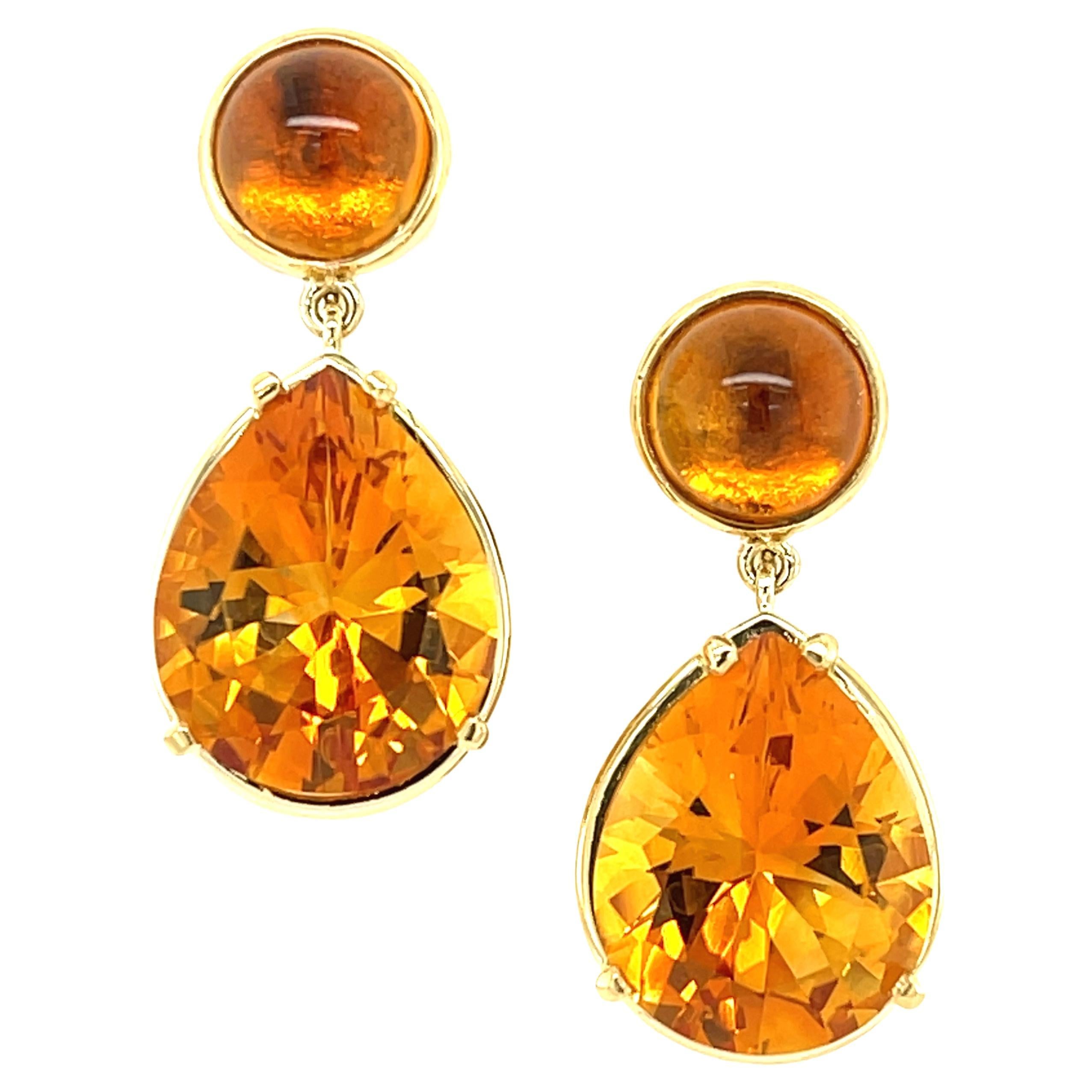  Citrine Drop Earrings, Cabochons and Faceted Pears in Yellow Gold, 26.18 Carats For Sale