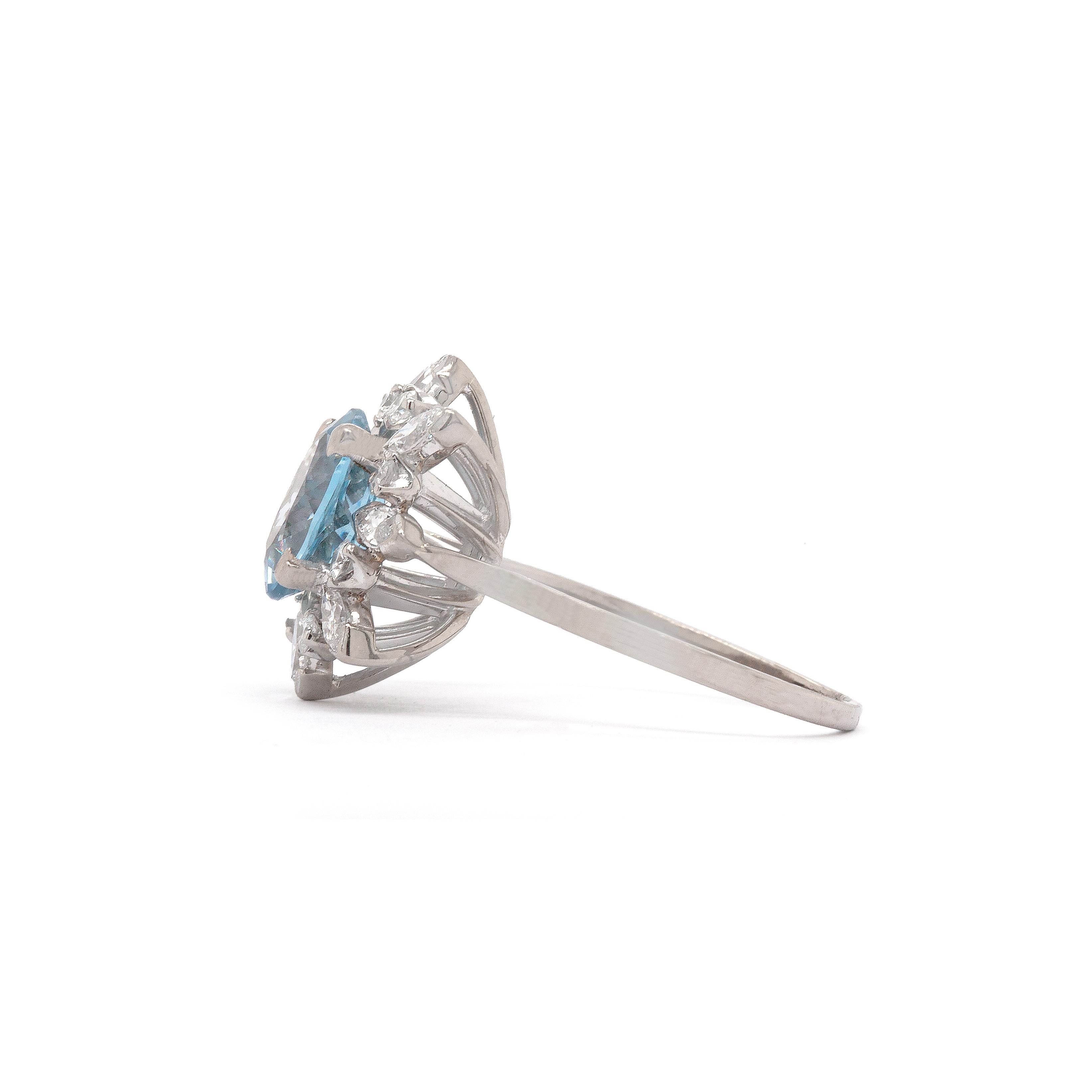Oval Cut 2.61ct Aquamarine and Diamond 18 Carat White Gold Cluster Engagement Ring For Sale
