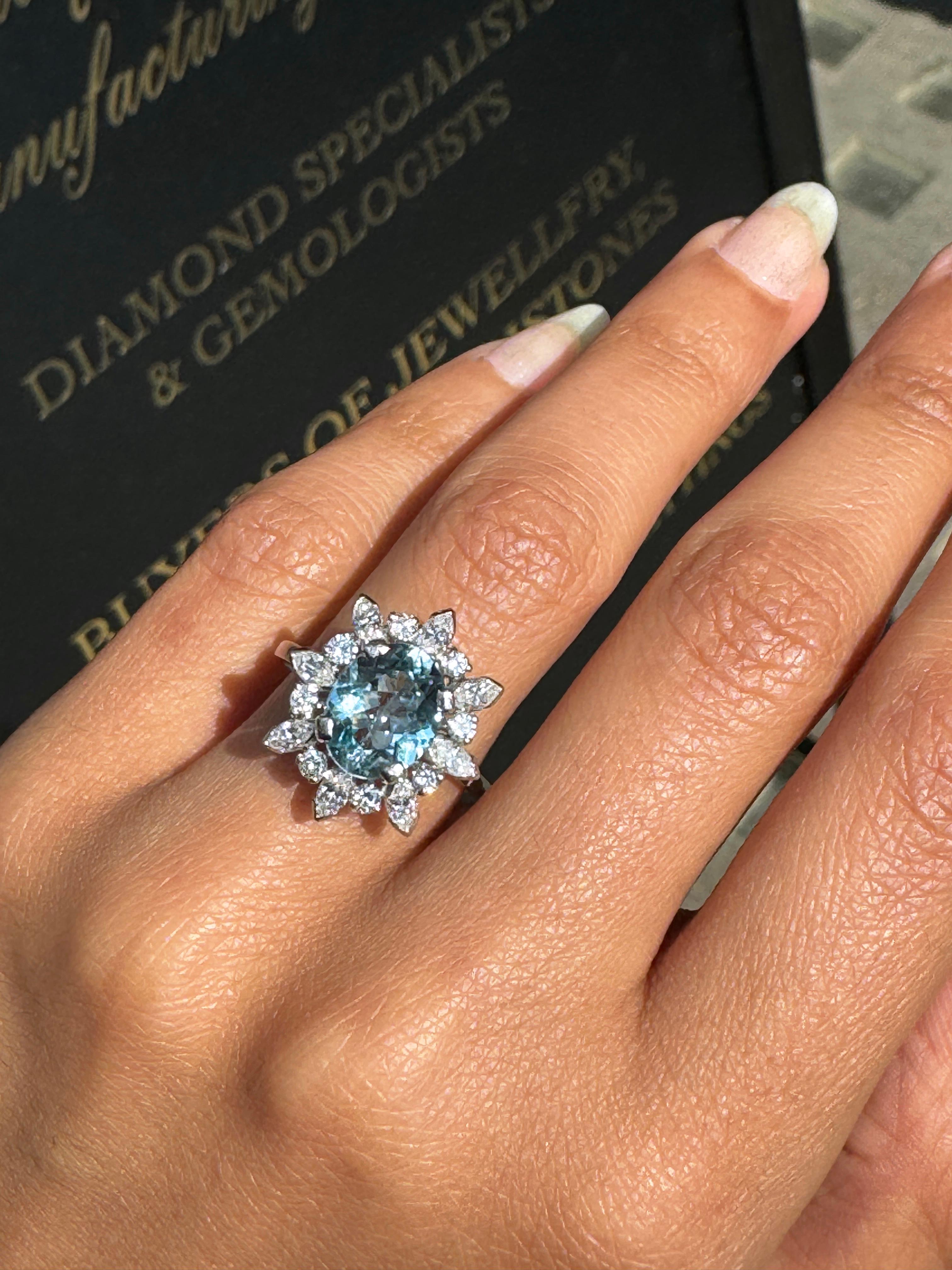 Women's 2.61ct Aquamarine and Diamond 18 Carat White Gold Cluster Engagement Ring For Sale