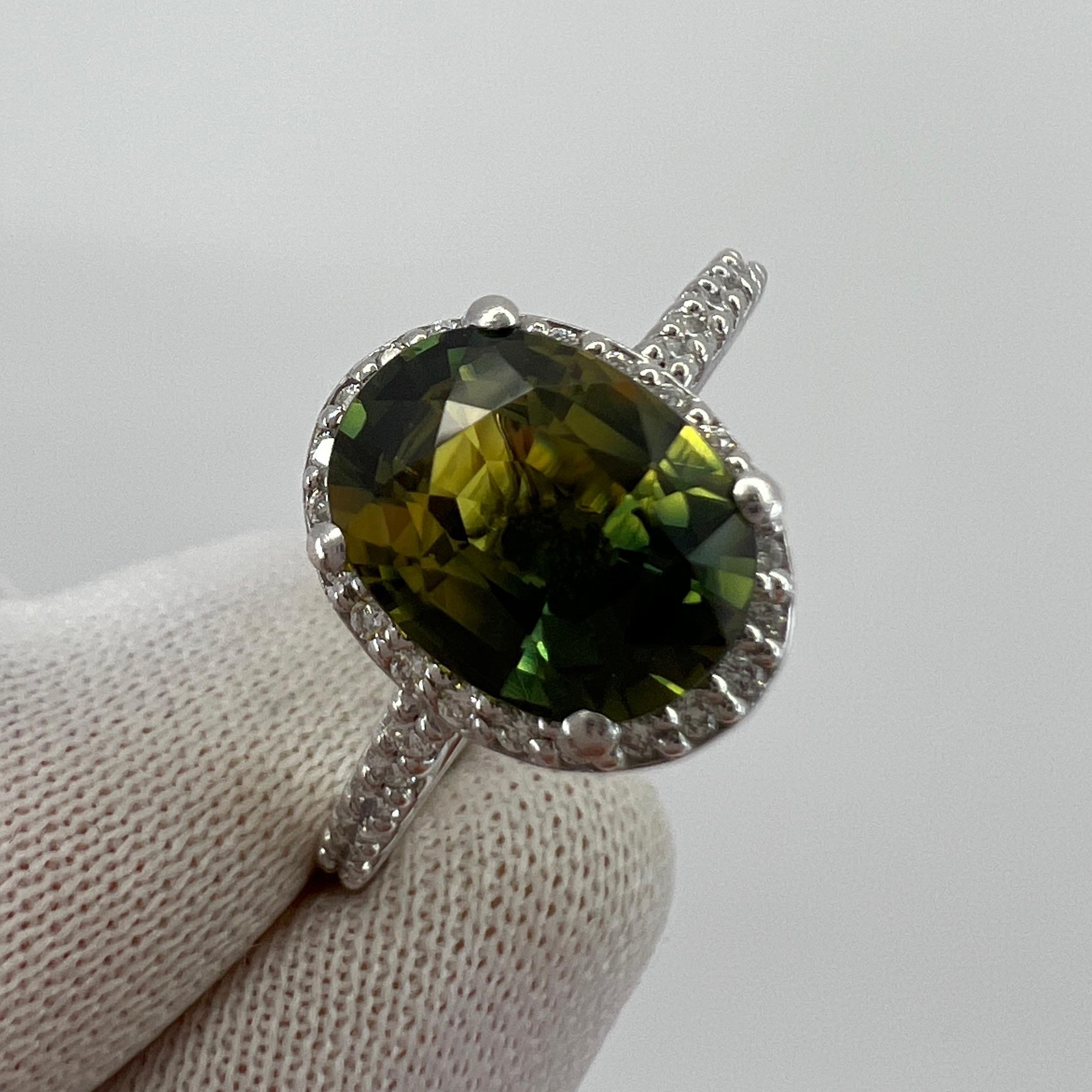 Oval Cut 2.61ct Bi Colour Green Yellow Australian Sapphire & Diamond Platinum Halo Ring For Sale