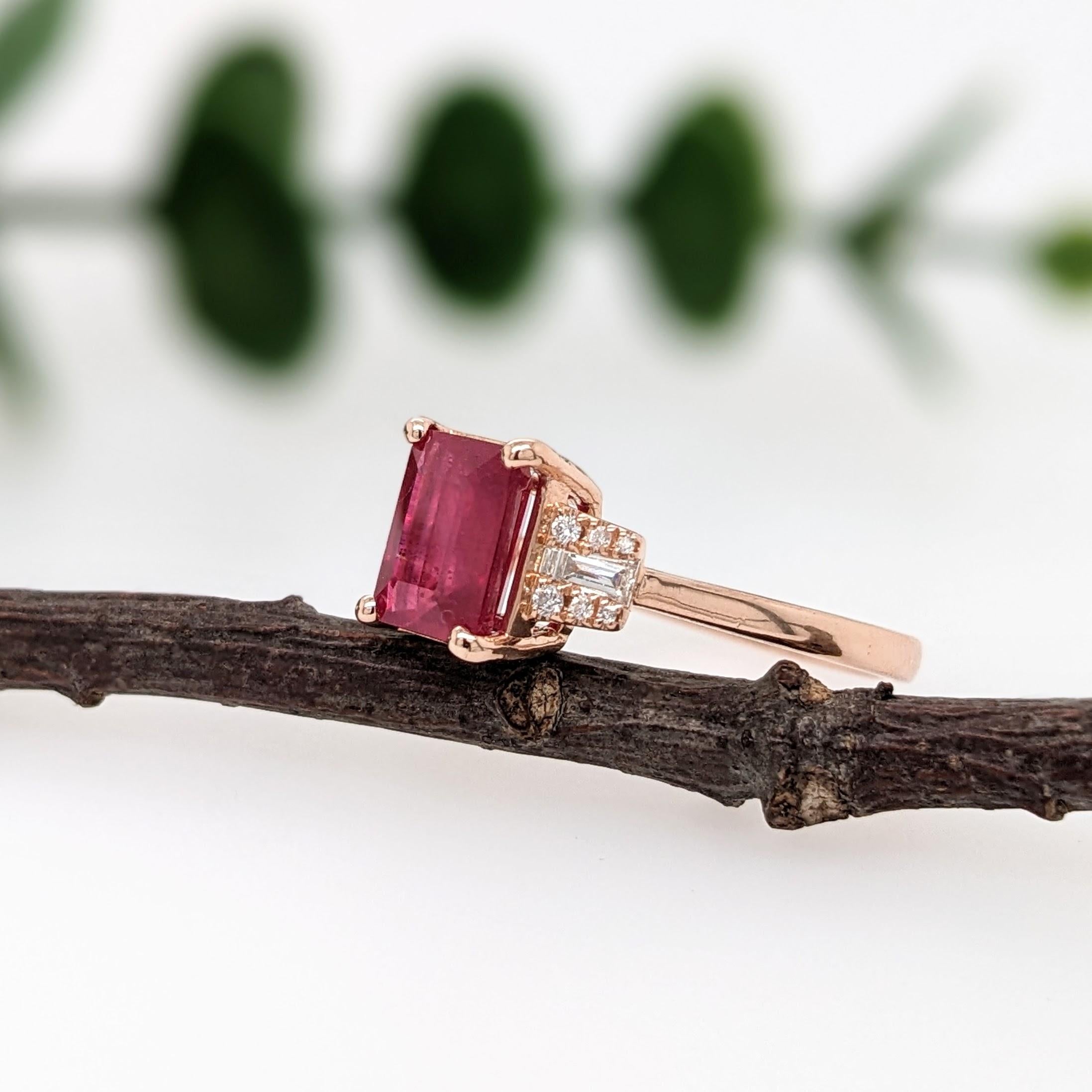 Modernist 2.61ct Ruby Ring with Natural Diamond Accents in 14K Rose Gold Emerald Cut 8x6mm For Sale