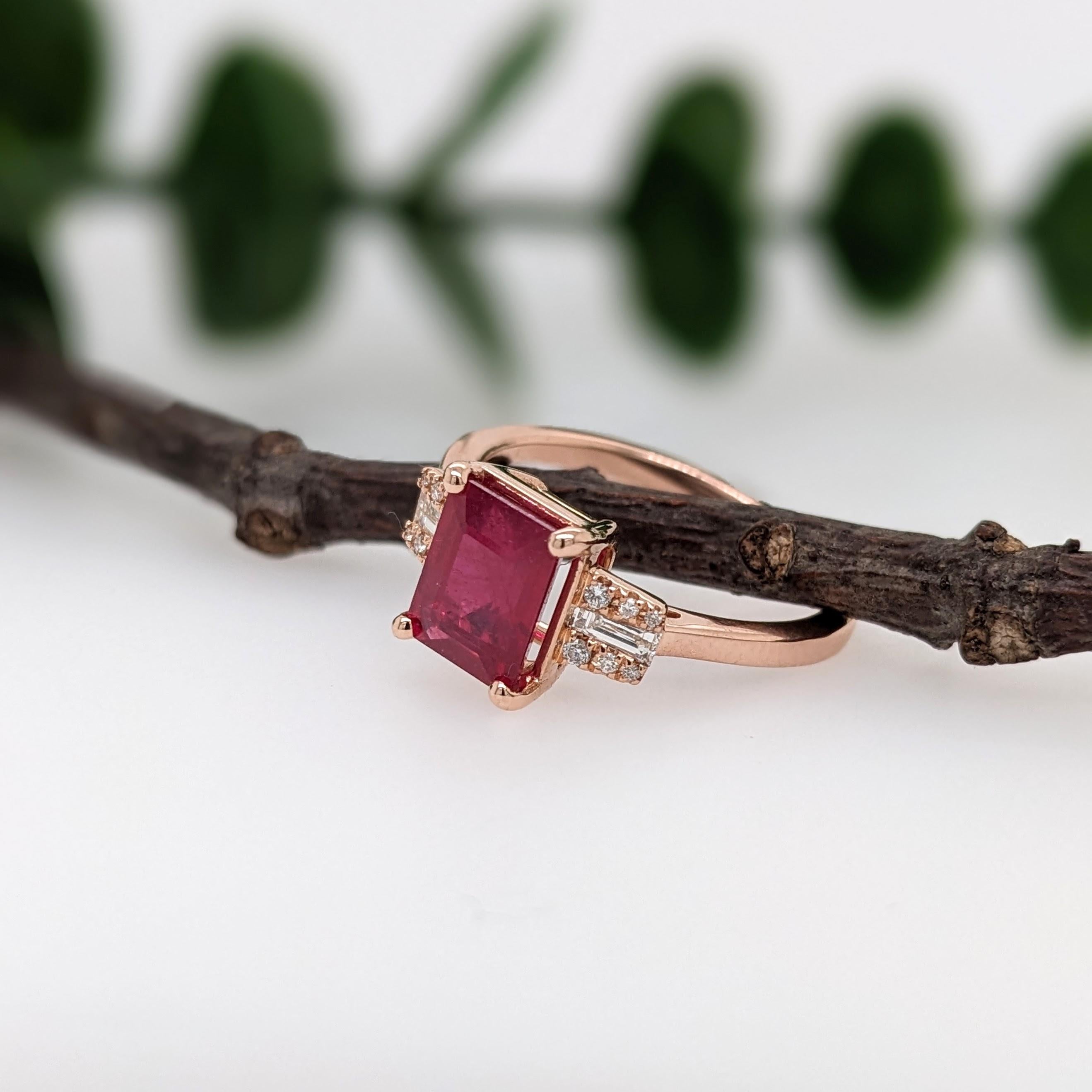 2.61ct Ruby Ring with Natural Diamond Accents in 14K Rose Gold Emerald Cut 8x6mm In New Condition For Sale In Columbus, OH