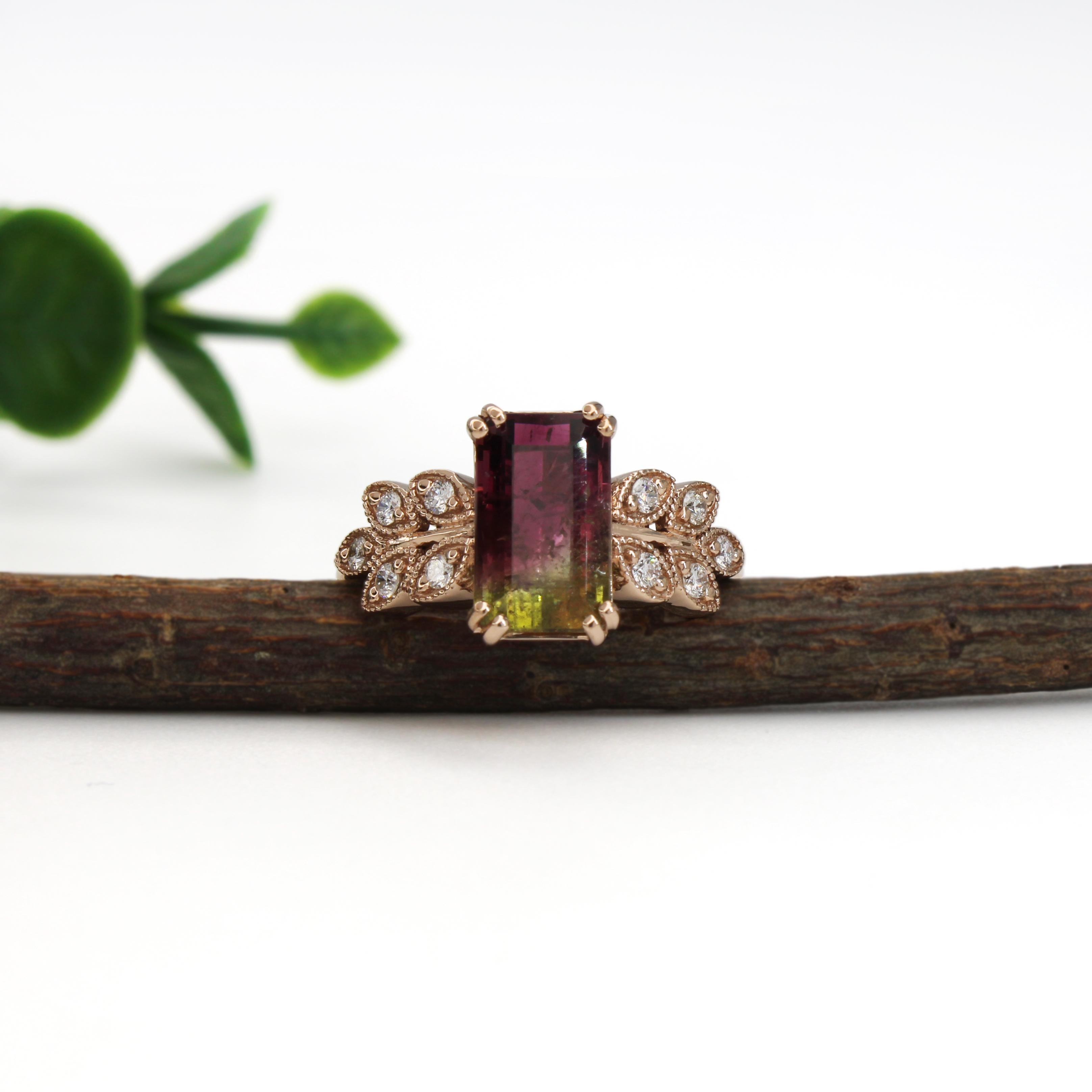 Contemporary 2.61cts Bi-Color Tourmaline Diamond Ring in 14K Gold  Emerald Cut 10.3X6.2mm