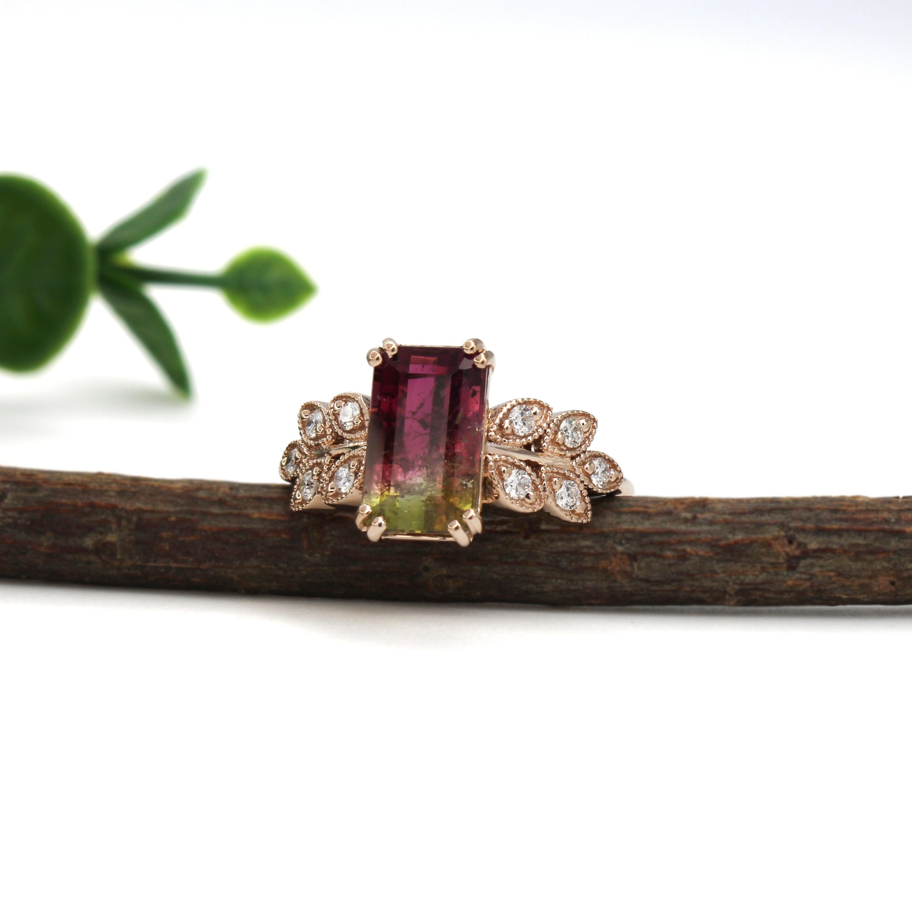2.61cts Bi-Color Tourmaline Diamond Ring in 14K Gold  Emerald Cut 10.3X6.2mm In New Condition In Columbus, OH