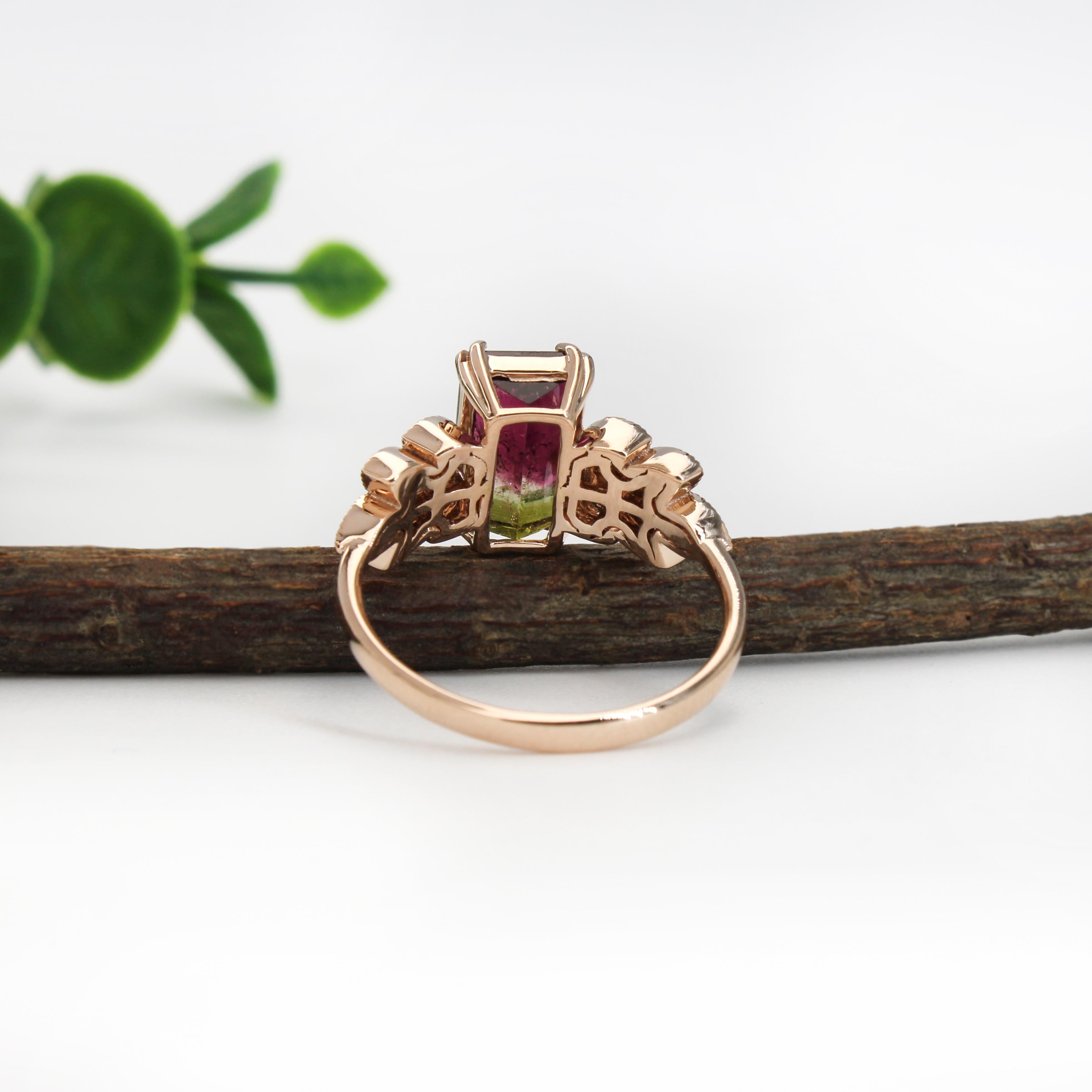 2.61cts Bi-Color Tourmaline Diamond Ring in 14K Gold  Emerald Cut 10.3X6.2mm 1