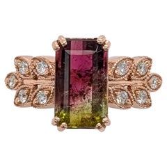 2.61cts Bi-Color Tourmaline Diamond Ring in 14K Gold  Emerald Cut 10.3X6.2mm
