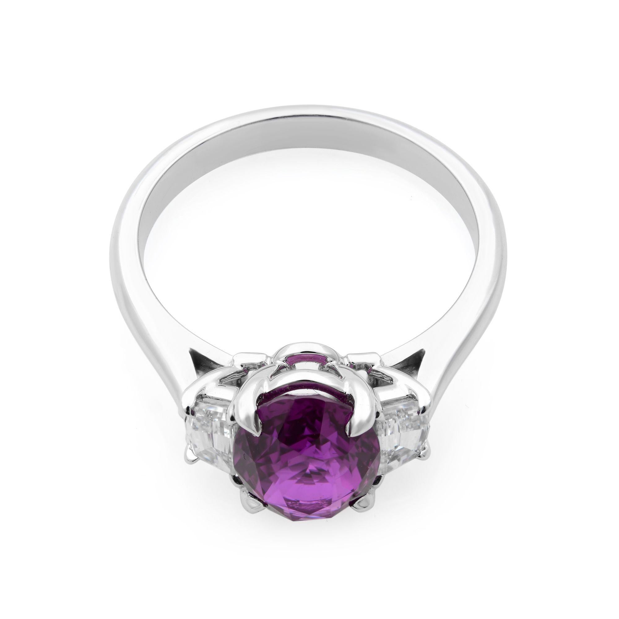 Oval Cut 2.61cts Oval Pink Sapphire & Diamond Three Stone Engagement Ring 18K White Gold For Sale