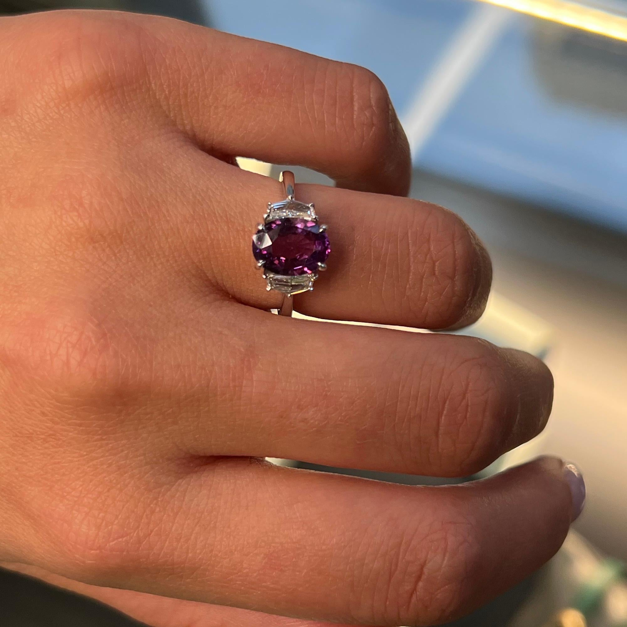 2.61cts Oval Pink Sapphire & Diamond Three Stone Engagement Ring 18K White Gold 2