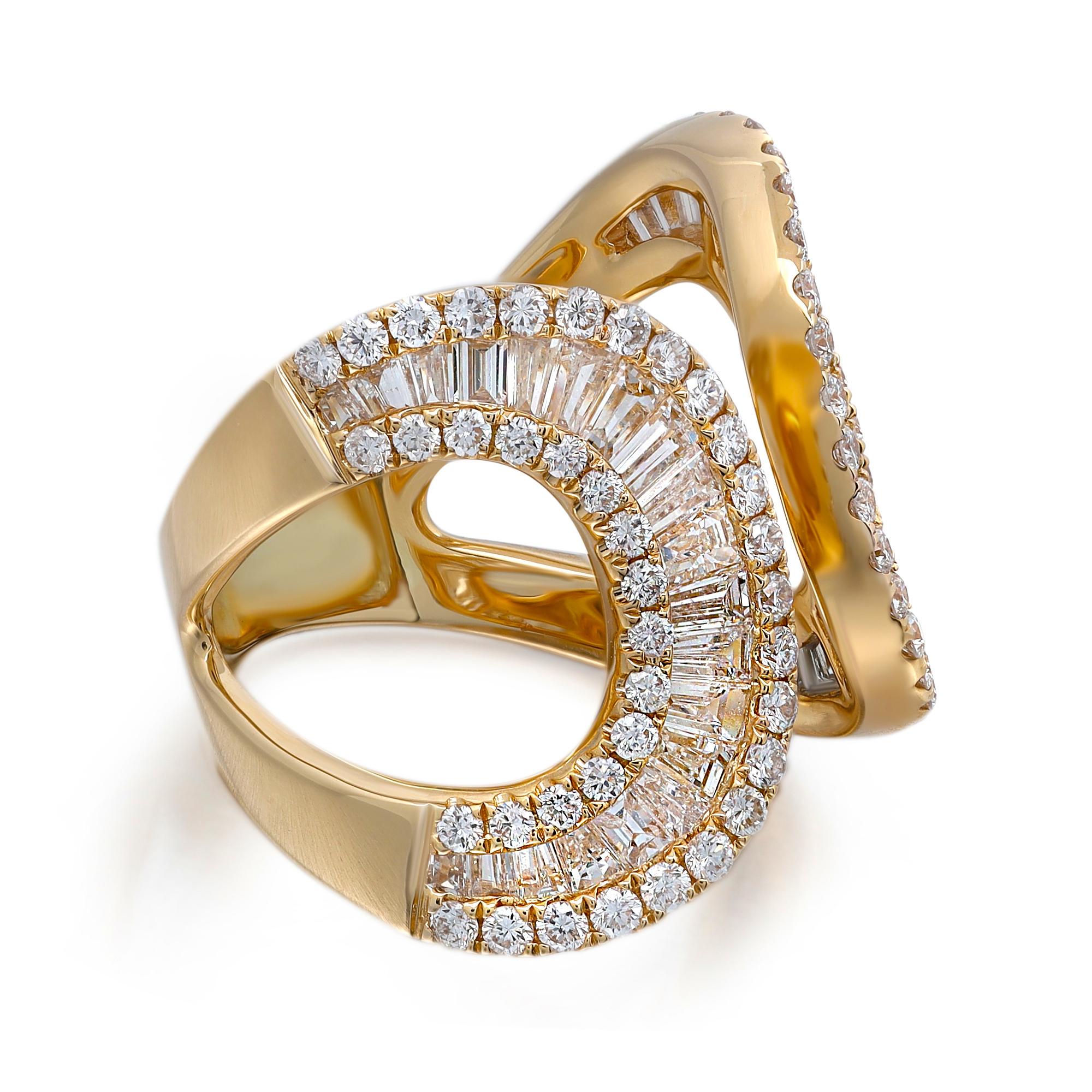Chic and stylish diamond statement ring. It features channel set baguette cut and round brilliant cut diamonds perfectly encrusted in a high lustrous wide open band ring. Total diamond weight: 2.61 carats. Diamond quality: G-H color and VS-SI