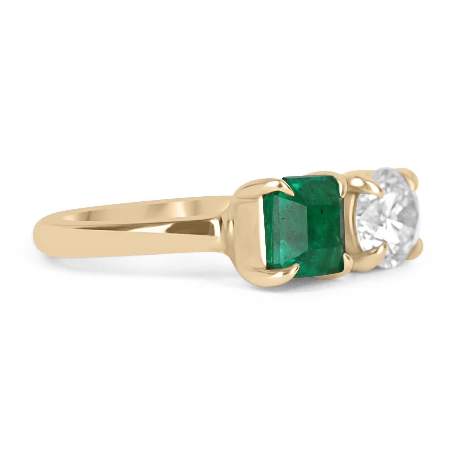 This is a stunning 18K yellow gold, Colombian emerald, and diamond statement ring or right-hand ring. Absolutely stylish and sleek, ideal as a stand-alone piece or worn with other statement pieces. An Asscher-cut Colombian emerald is set in our