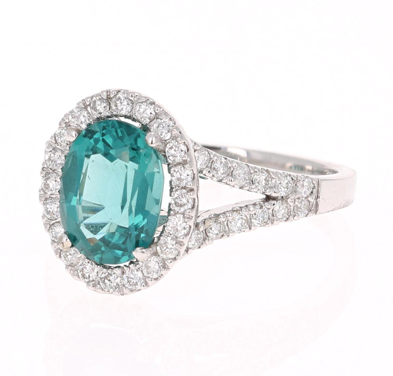 Contemporary 2.62 Carat Apatite Diamond Halo Engagement White Gold Ring For Sale