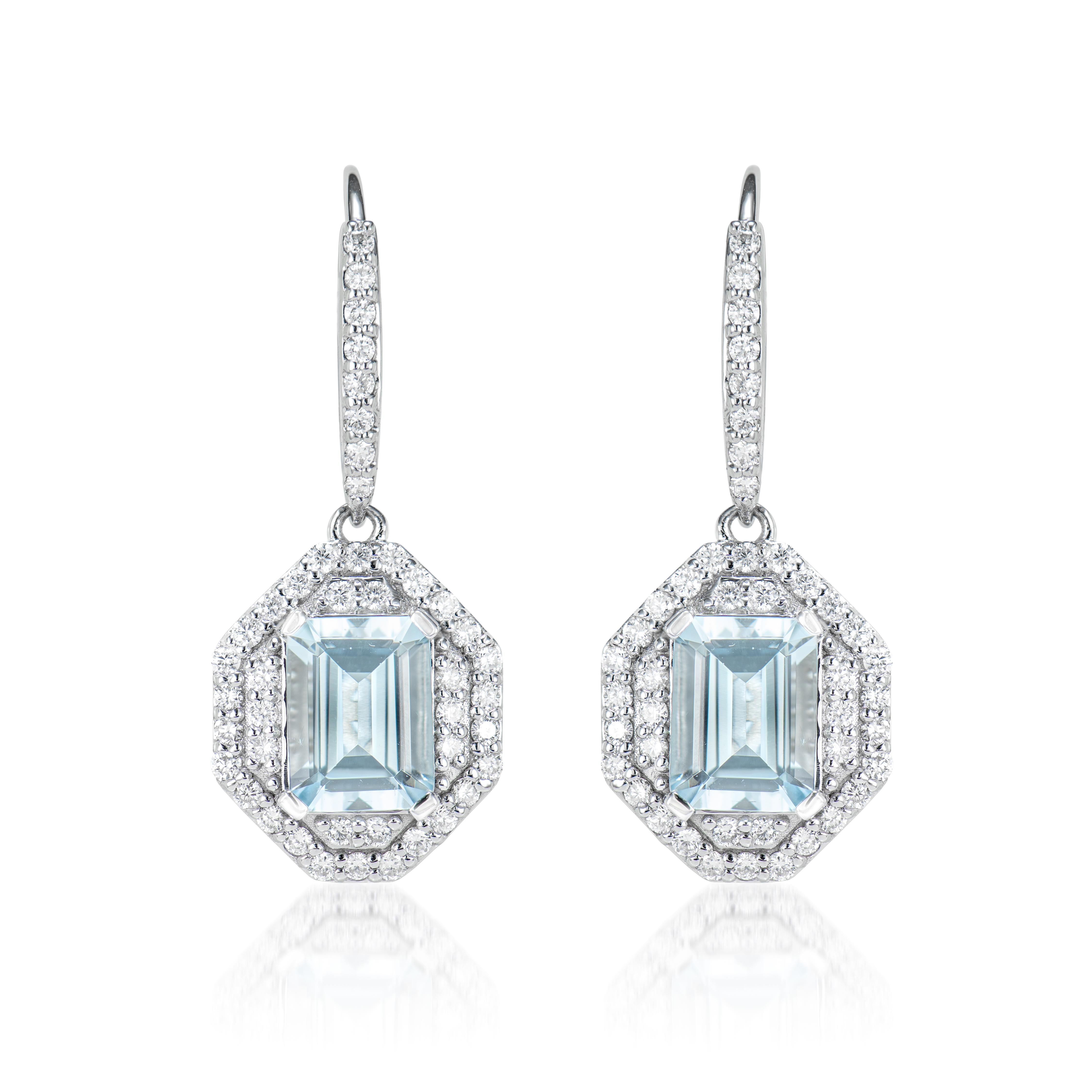 Contemporary 2.62 Carat Aquamarine Drop Earrings in 18 Karat White Gold with Diamond. For Sale