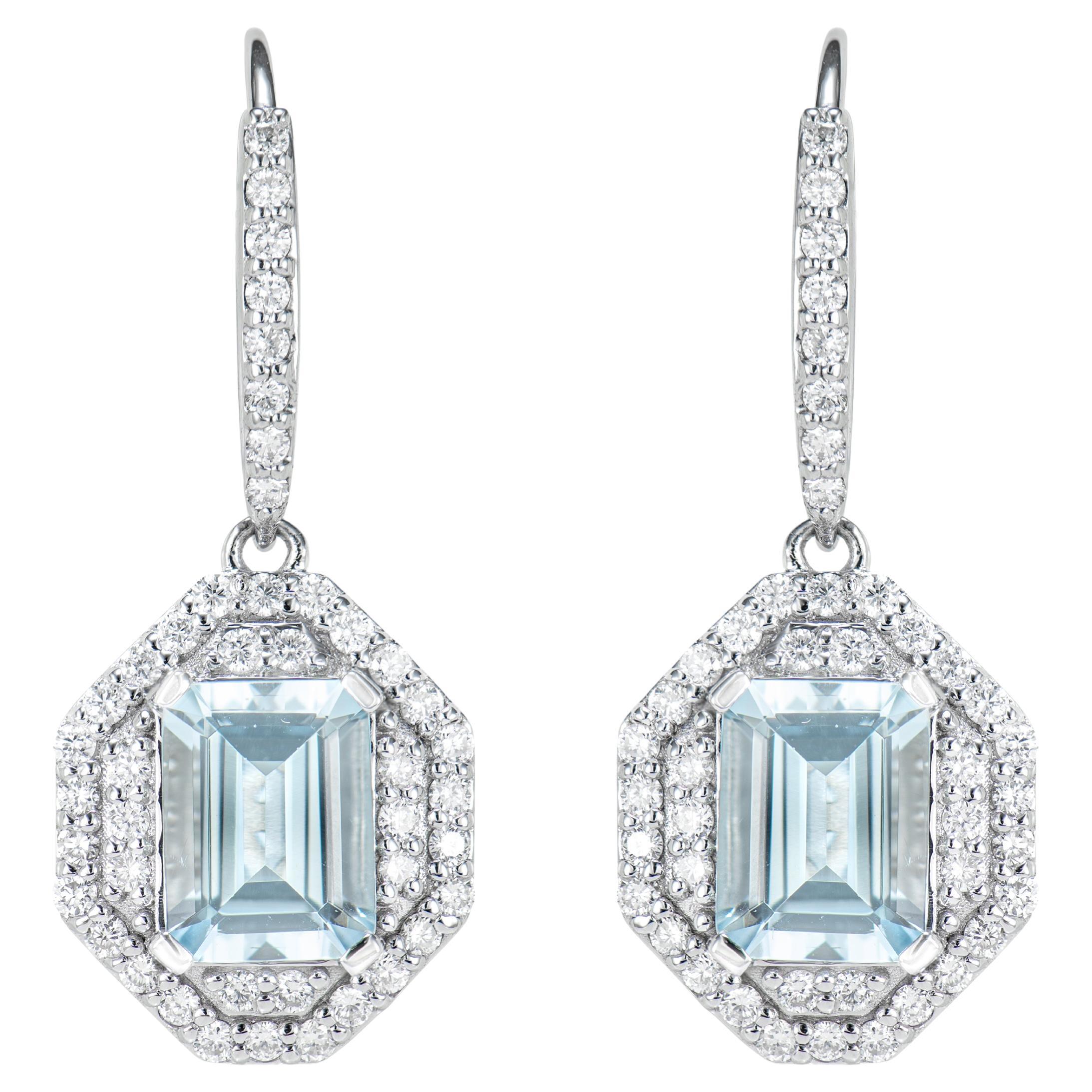 2.62 Carat Aquamarine Drop Earrings in 18 Karat White Gold with Diamond.