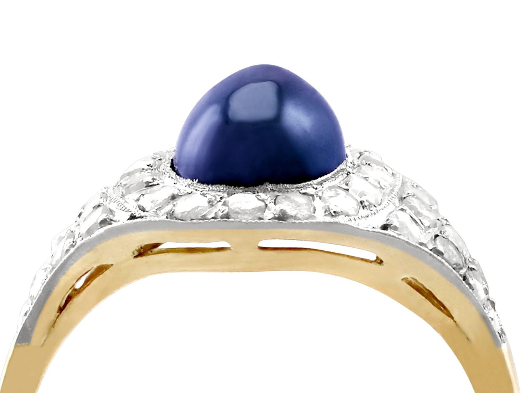 A fine and impressive antique 2.62 carat blue sapphire and 0.48 carat diamond, 18 karat yellow gold and 18 karat white gold set dress ring; part of our diverse antique estate jewelry collections.

This fine and impressive cabochon cut sapphire and