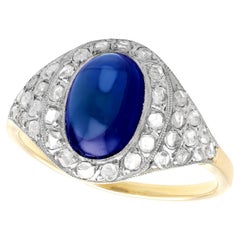Antique 2.62 Carat Cabochon Cut Sapphire and Diamond Yellow Gold Cocktail Ring