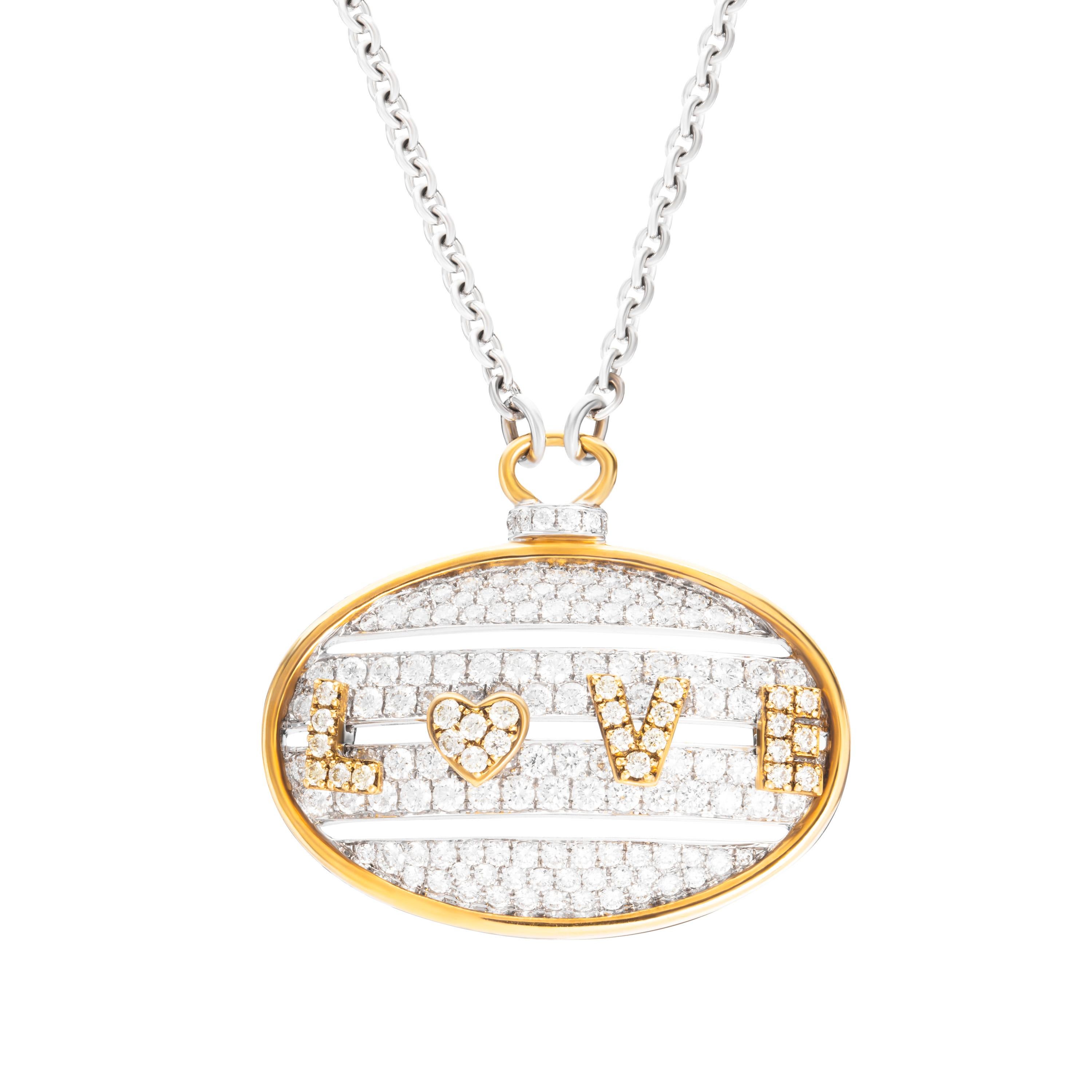 Crafted from two-tone 18-karat white and yellow gold, this unique medallion pendant features 2.28 carats of sparkling white diamonds and 0.34 carats of radiant yellow diamonds that spell and slide 