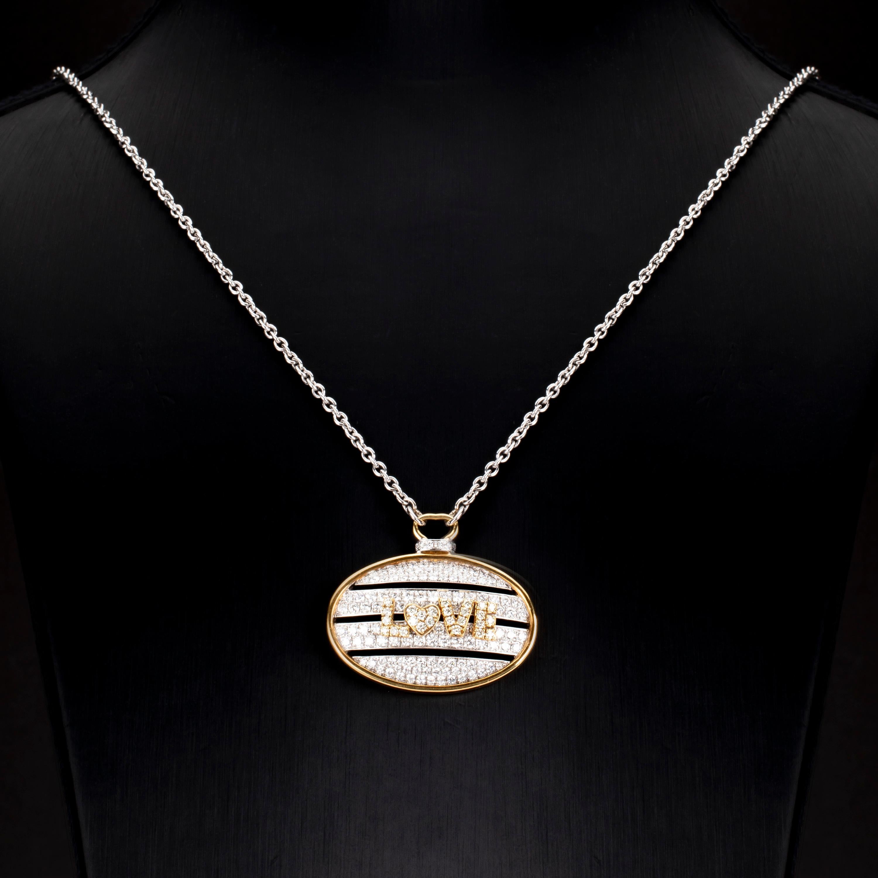 Contemporary 2.62 Carat Diamond 18 Karat Two-Tone Gold Love Slider Medallion Pendant Necklace For Sale