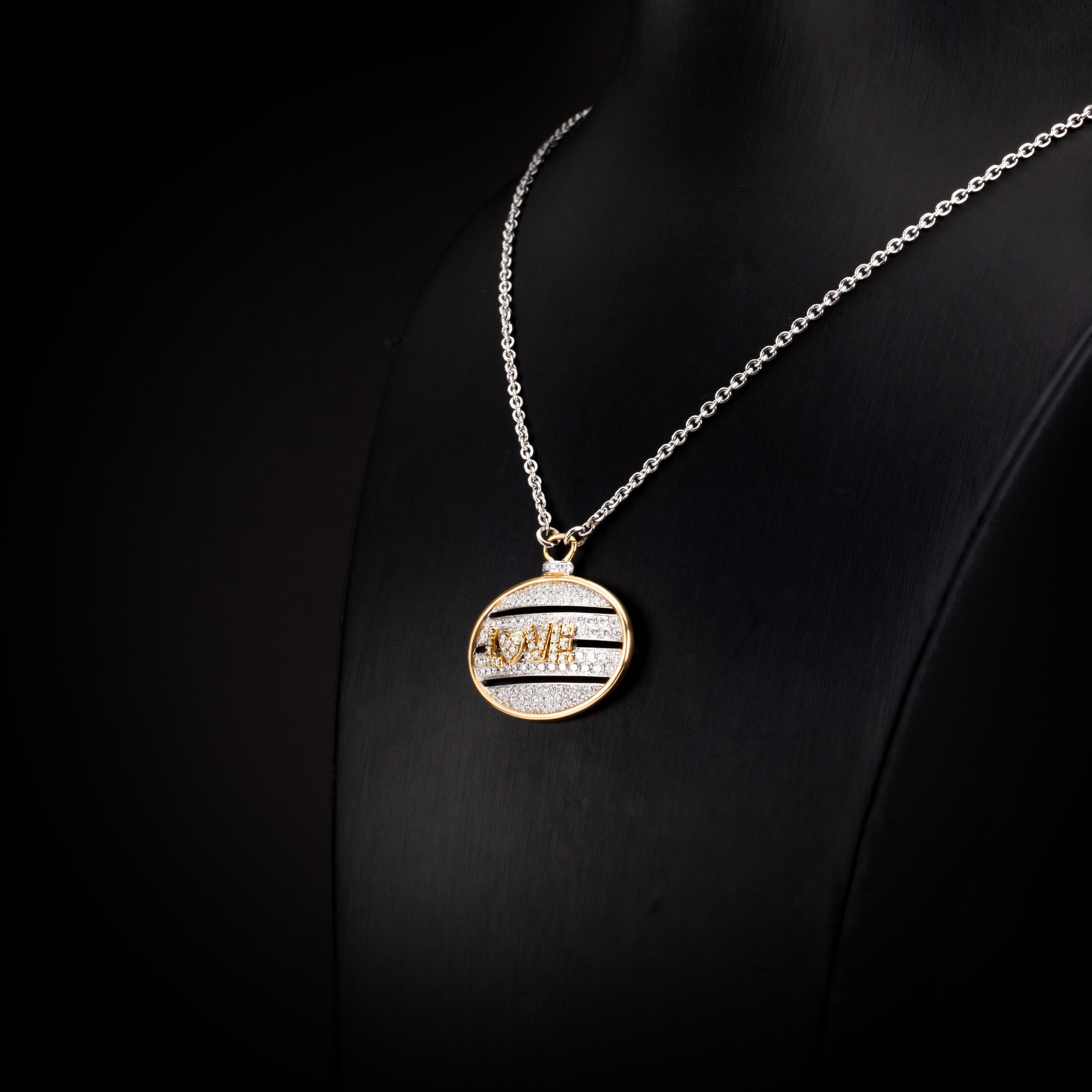 Round Cut 2.62 Carat Diamond 18 Karat Two-Tone Gold Love Slider Medallion Pendant Necklace For Sale