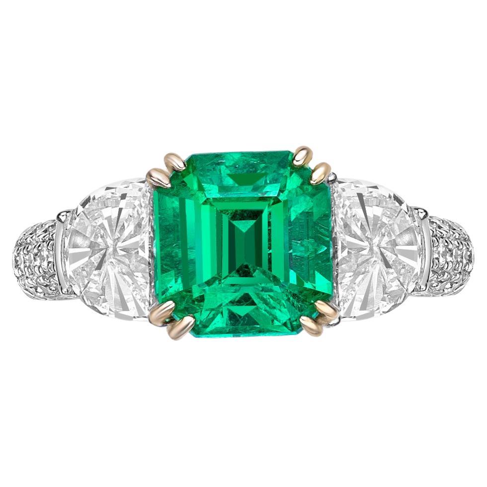 2.62 Carat Emerald Fancy Ring in 18Karat White Yellow Gold with White Diamond. For Sale