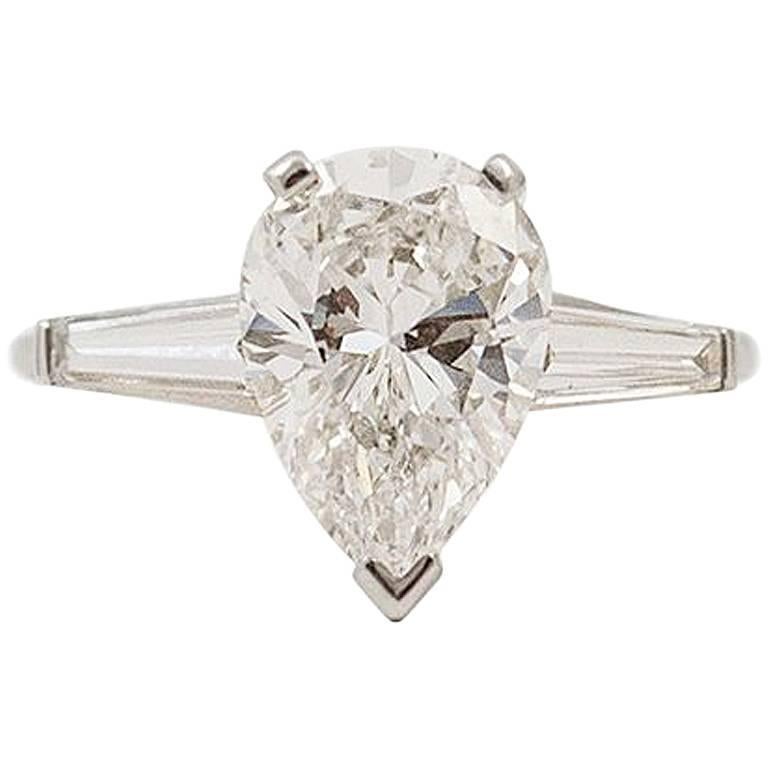 2.62 Carat GIA E VS1 Certified Pear Shape Diamond Ring with Tapered Baguettes