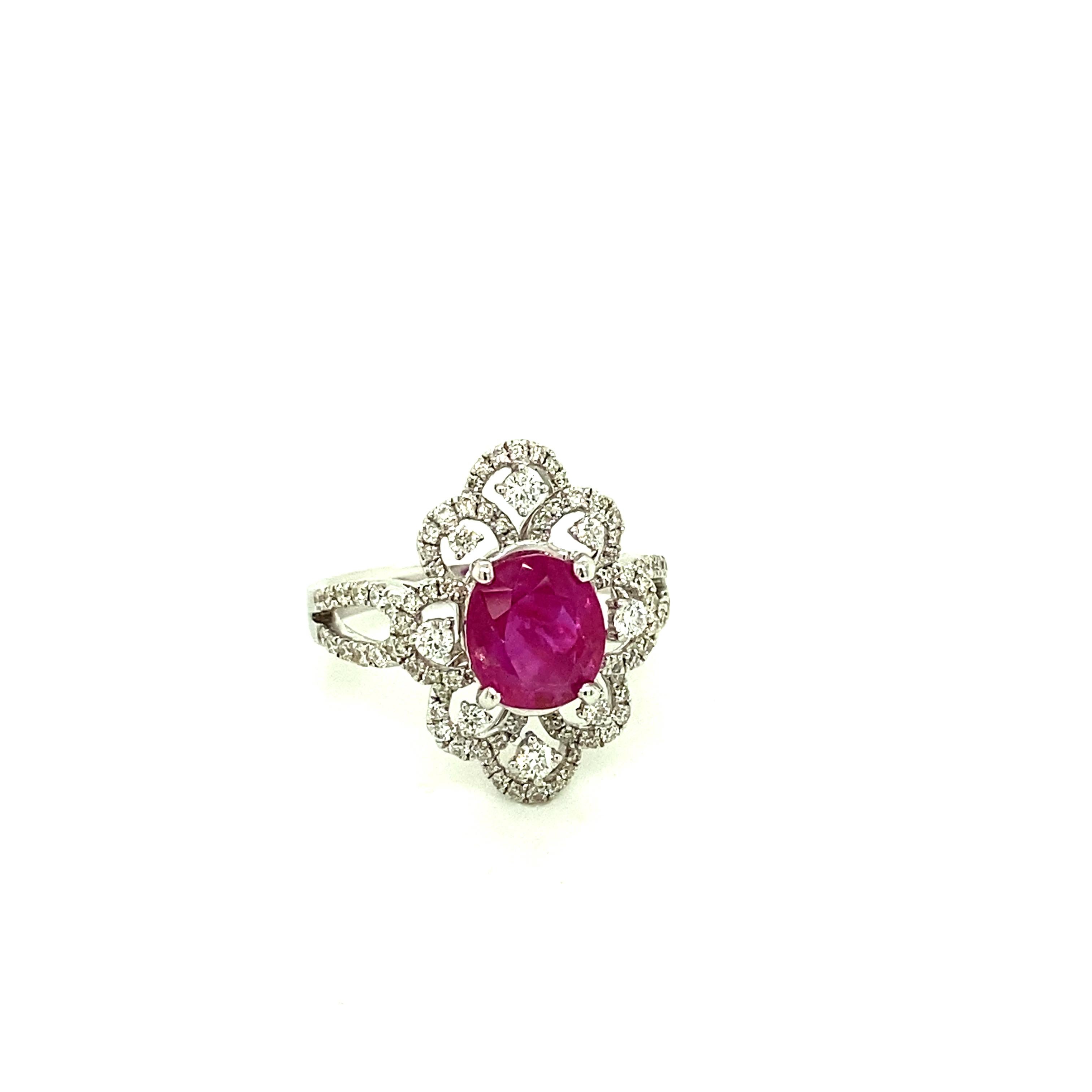 2.62 Carat GRS Certified Unheated Burmese Ruby and White Diamond Engagement Ring:

A rare ring, it features an elegant GRS certified oval-cut unheated natural Burmese red ruby weighing 2.62 carat, with white round brilliant diamonds diamonds