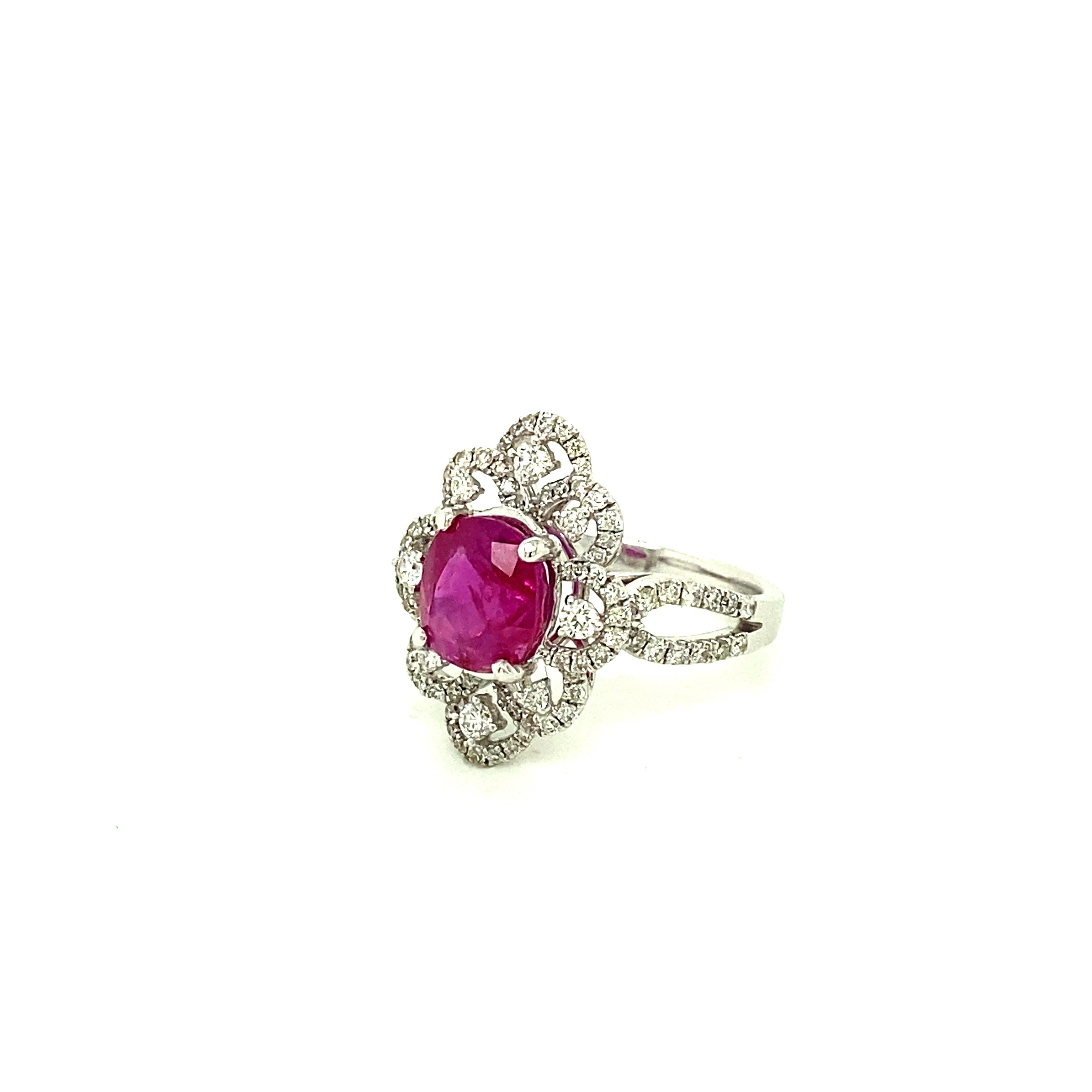 Contemporary 2.62 Carat GRS Certified Unheated Burmese Ruby and White Diamond Engagement Ring For Sale