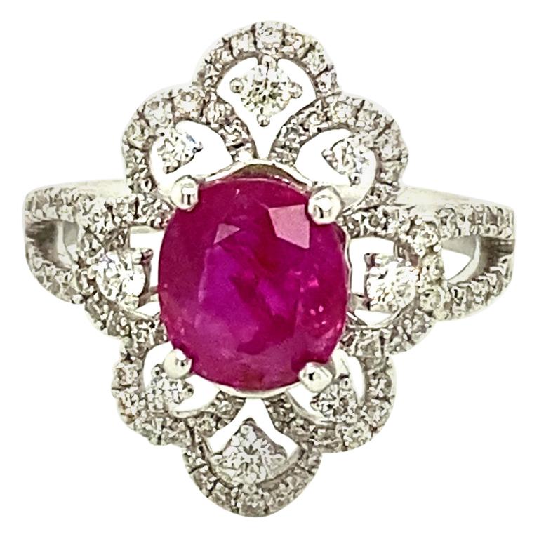 2.62 Carat GRS Certified Unheated Burmese Ruby and White Diamond Engagement Ring For Sale