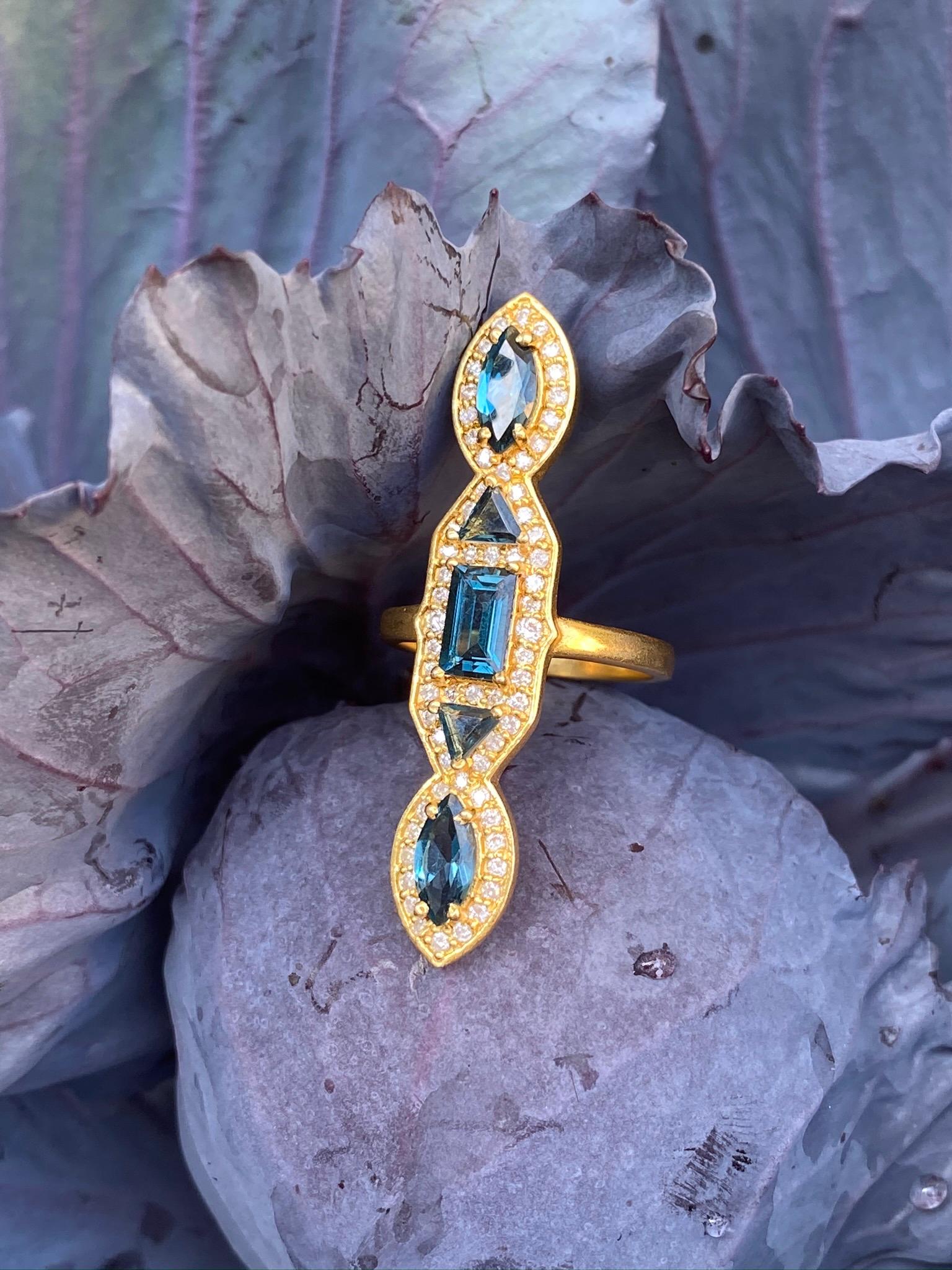 Artisan 2.62 Carat London Blue Topaz and .45 Carat Diamond Gold Ring by Lauren Harper For Sale