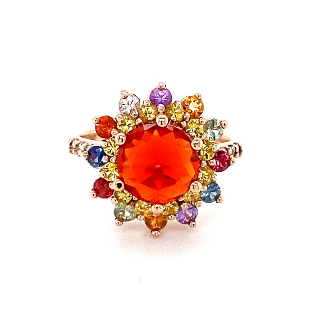 Contemporary 2.62 Carat Natural Fire Opal Sapphire Diamond Rose Gold Cocktail Ring For Sale